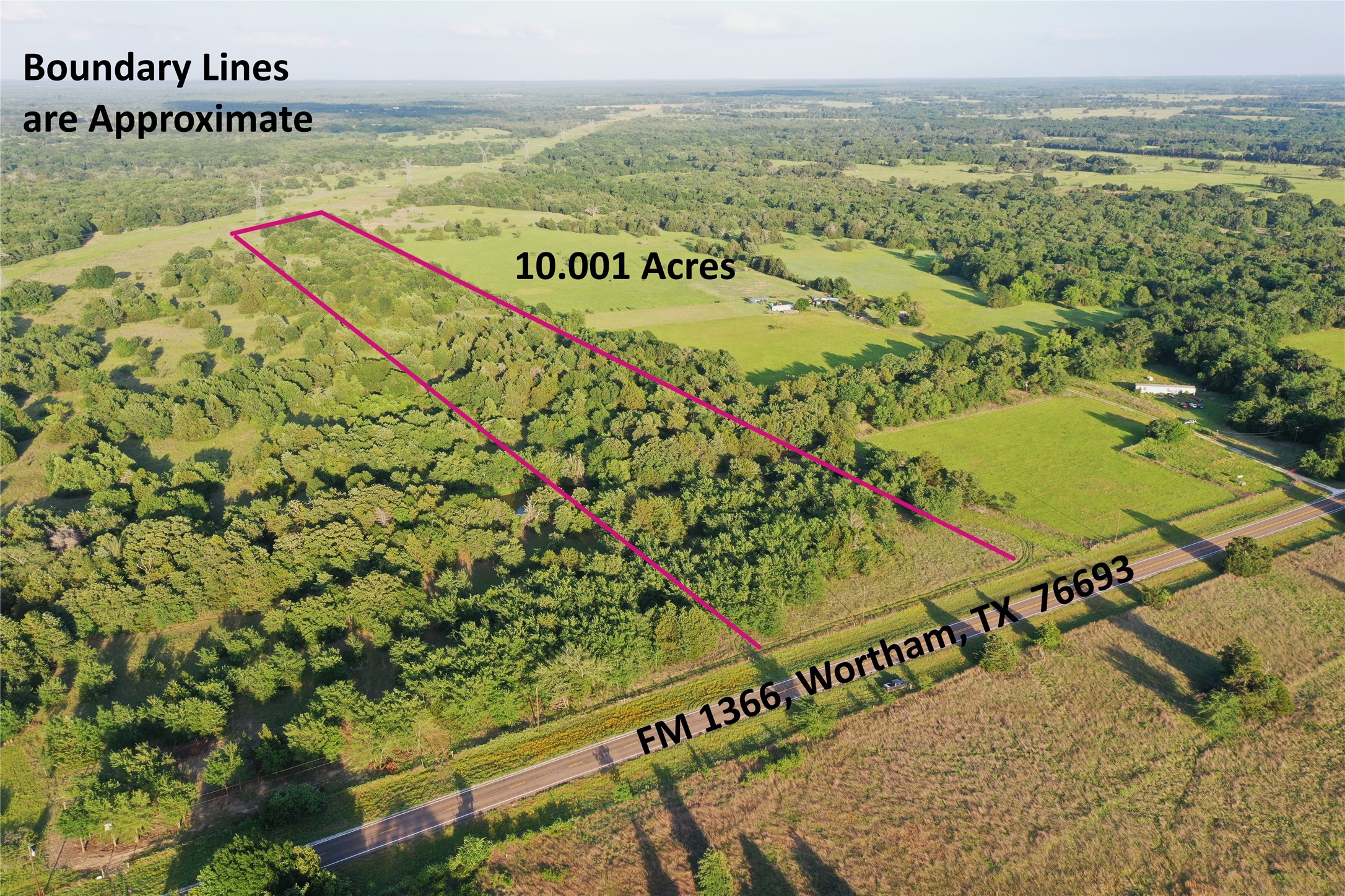 Aerial view of a 10.001-acre wooded and grassy tract along FM 1366 near Wortham, Texas.