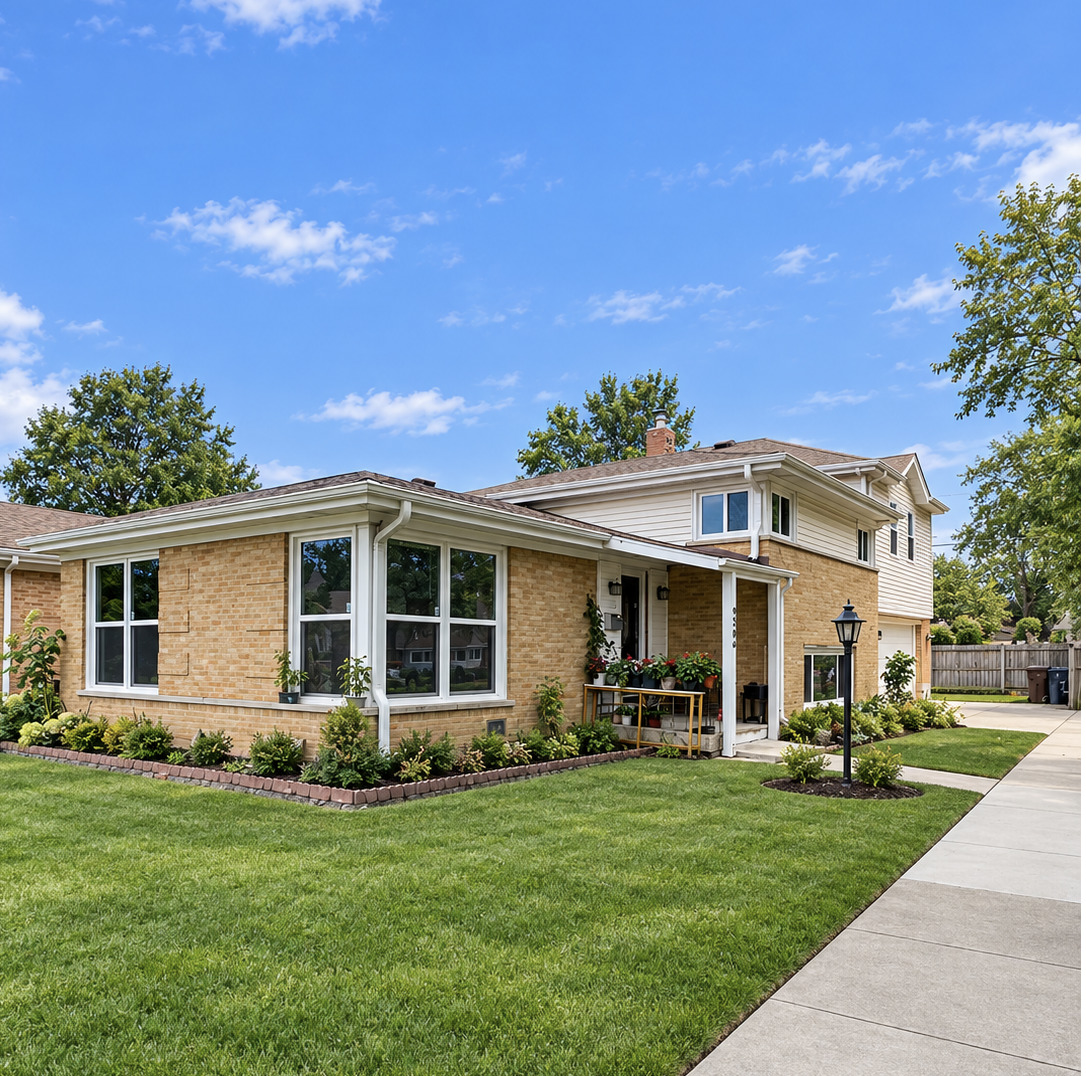 Two-story brick-and-siding home with landscaped gardens, a broad lawn, and a covered front entry.