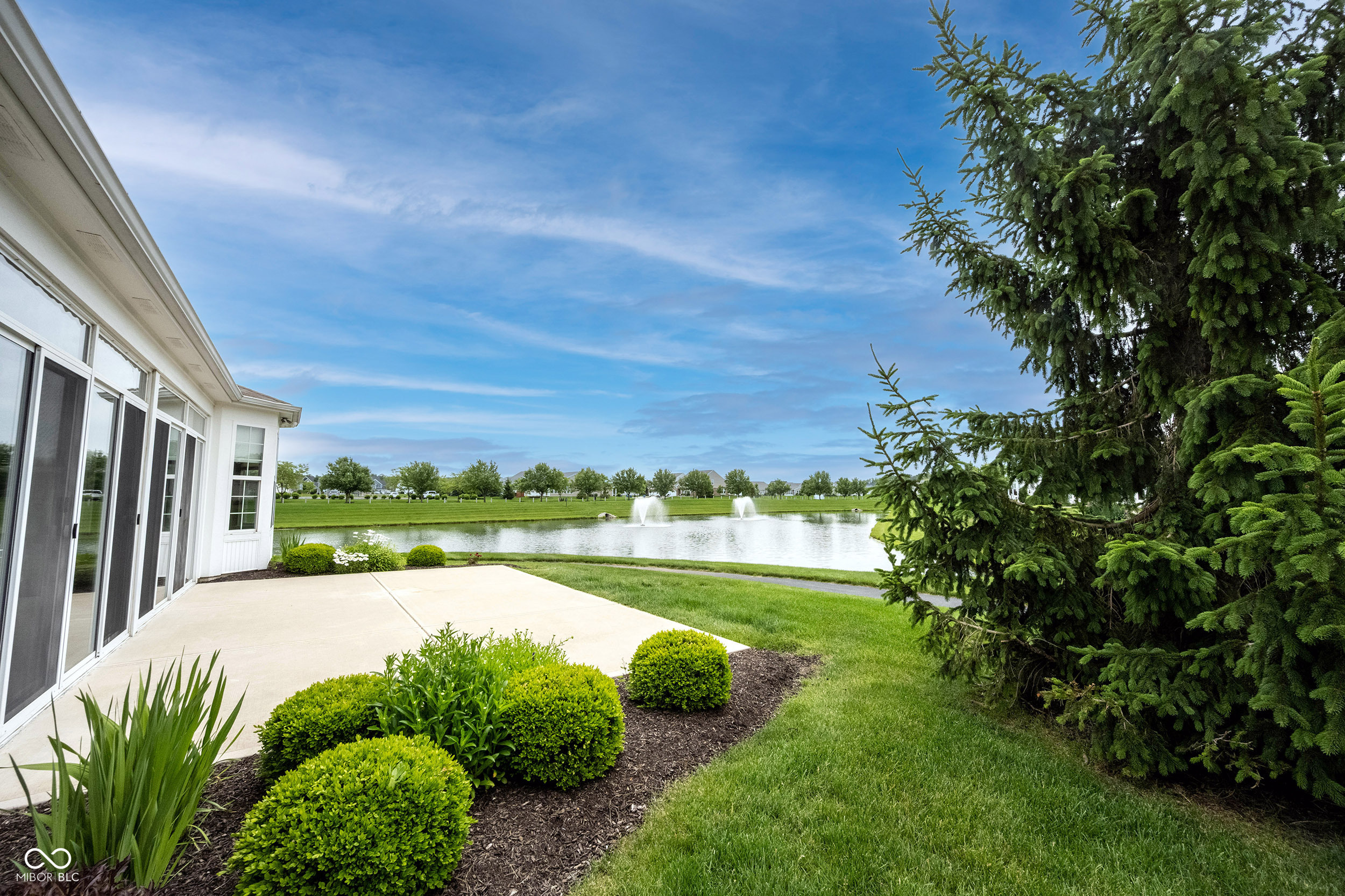 Back patio and landscaped lawn overlooking a pond with fountains, framed by a large evergreen tree.