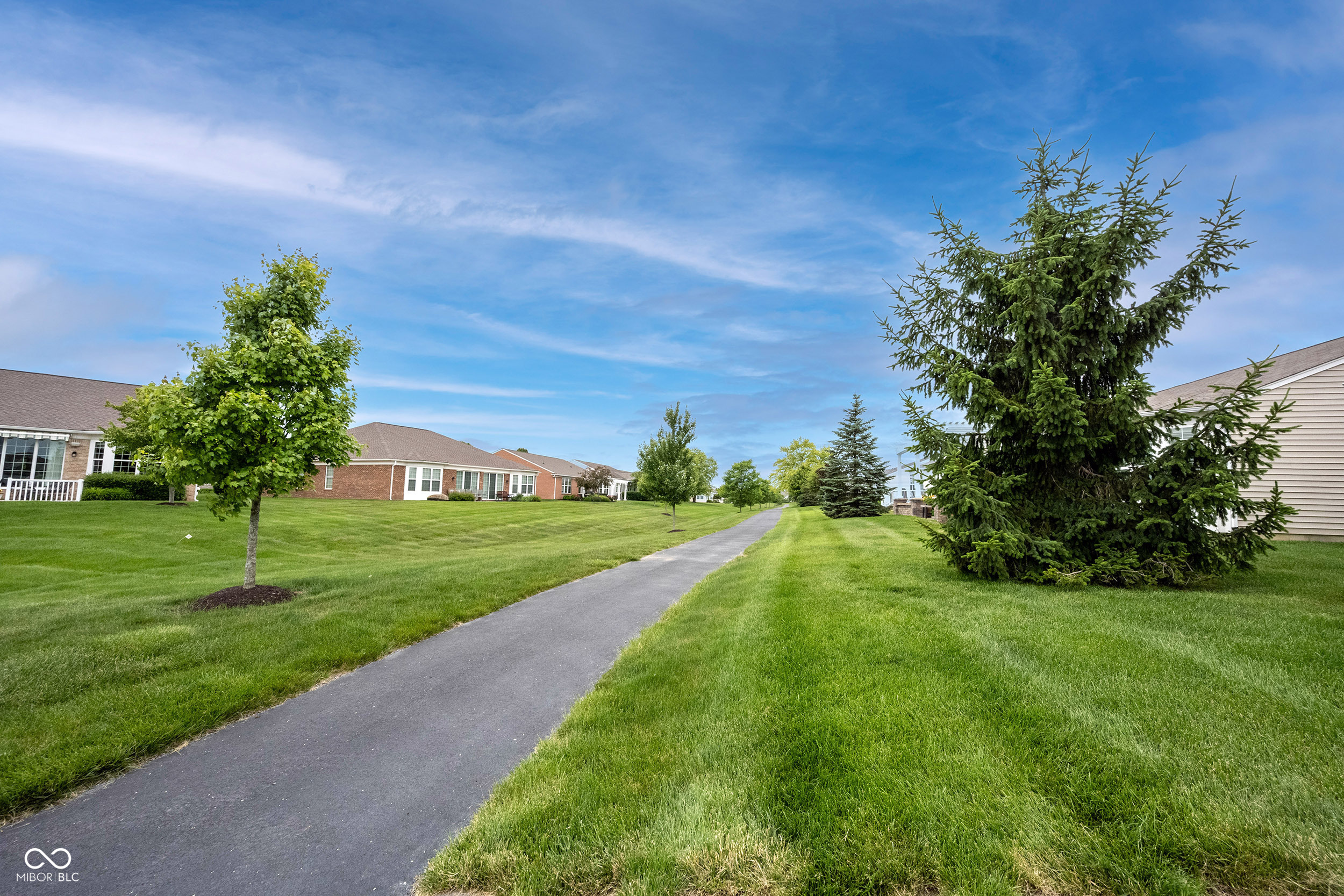 Residential walking path through a manicured lawn, lined with trees and single-story homes.