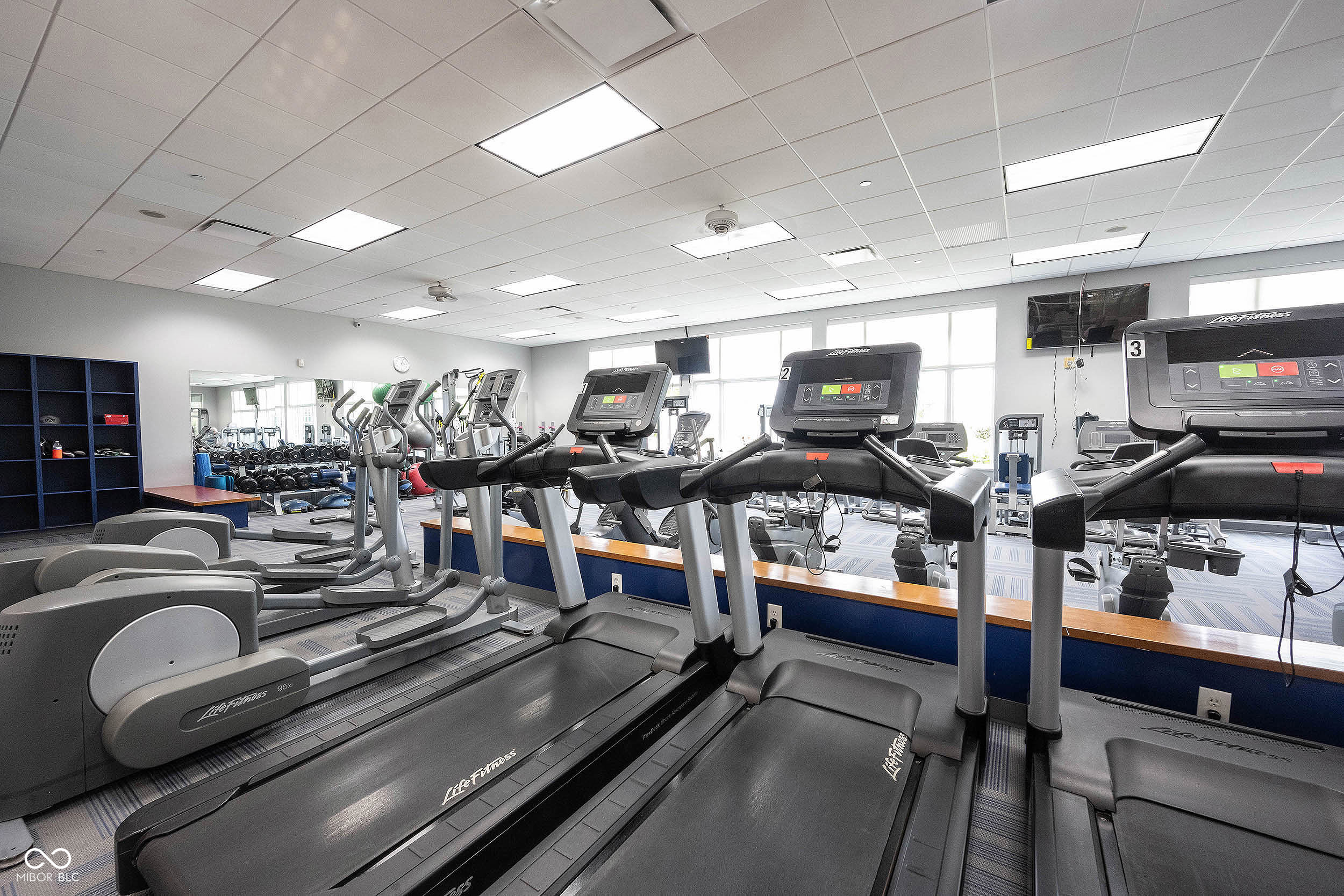 Fitness center with rows of treadmills and elliptical machines facing mirrored walls and large windows.