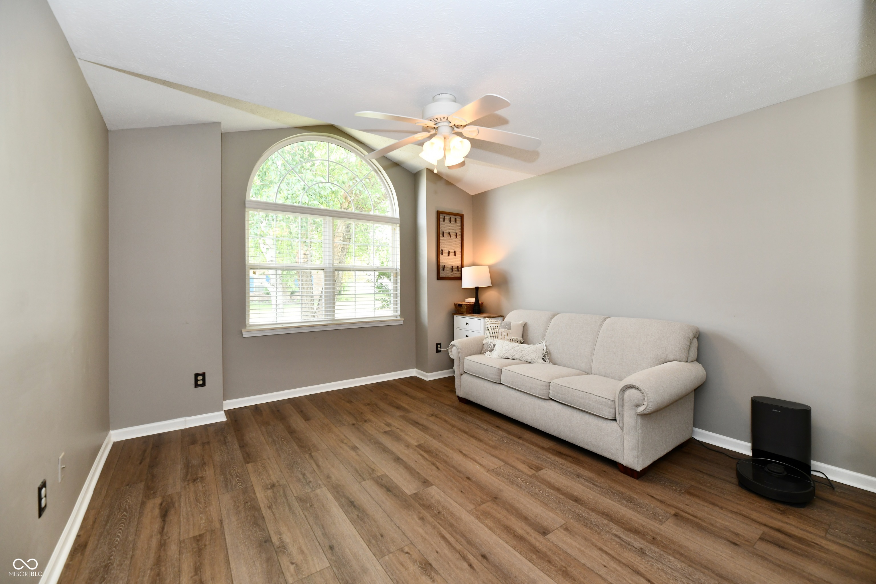 Living room with a light sofa, arched window, wood-look flooring, and ceiling fan.