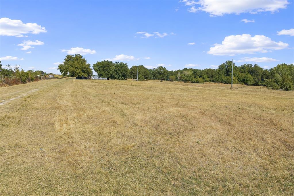 Open grassy acreage with a tree line and utility poles beneath a blue sky.