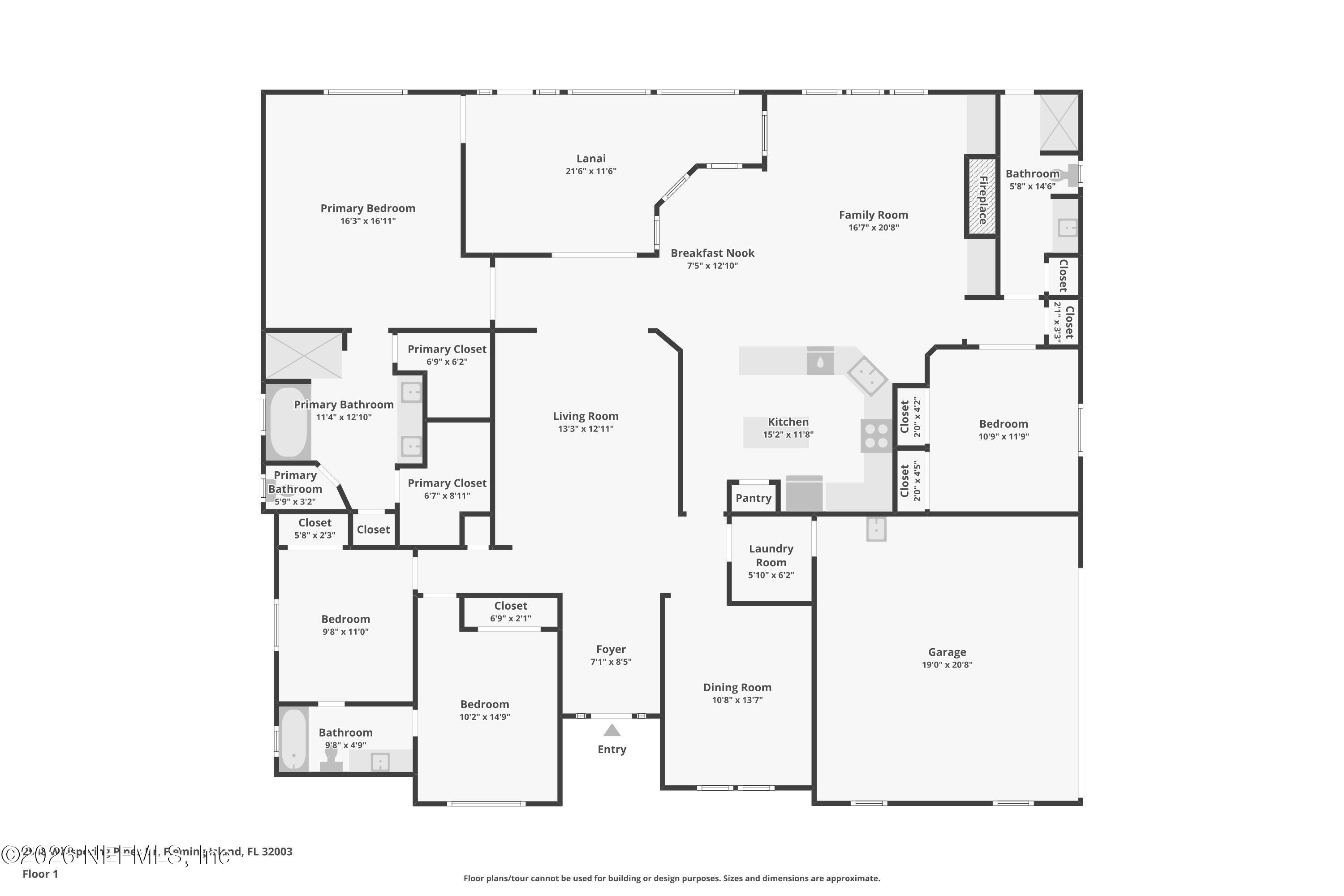 Home floor plan with four bedrooms, two living areas, a lanai, and a two-car garage.