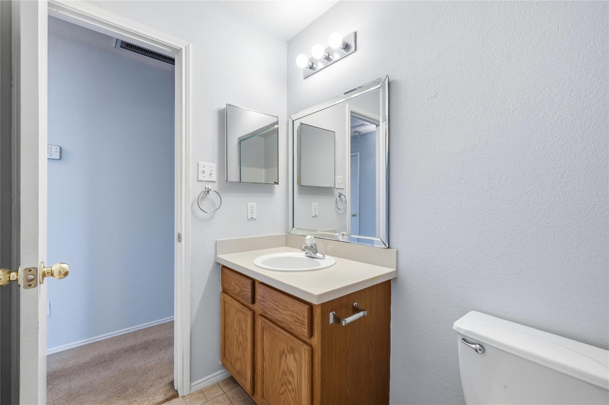 Bathroom with a wood vanity, oval sink, large mirror, and partial view of a toilet.