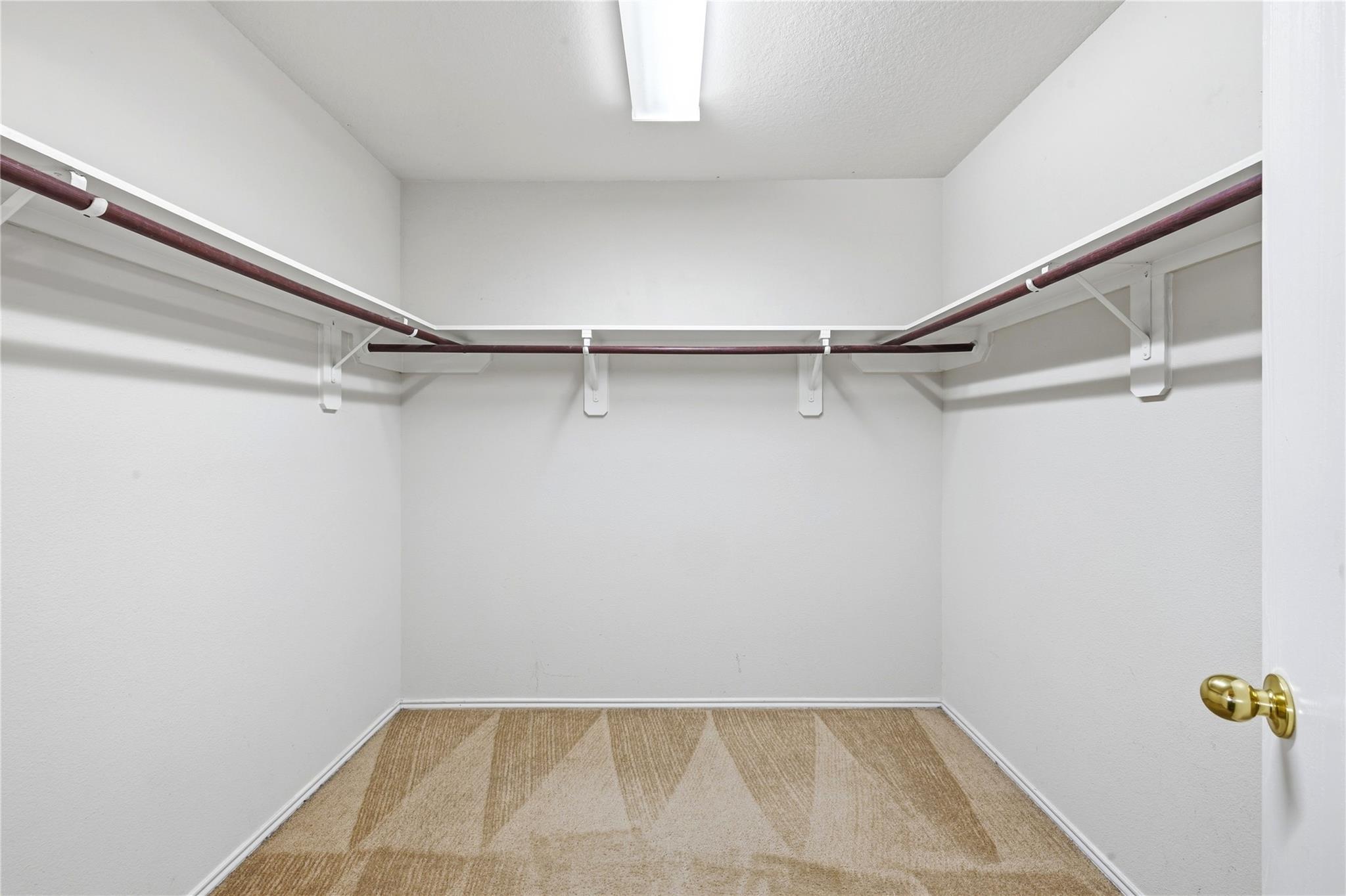 Empty walk-in closet with wraparound shelves and hanging rods above patterned beige carpet.