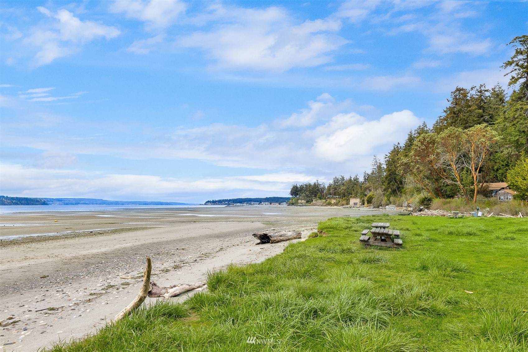 Grassy waterfront lawn and picnic table overlook a sandy low-tide beach and Hood Canal.