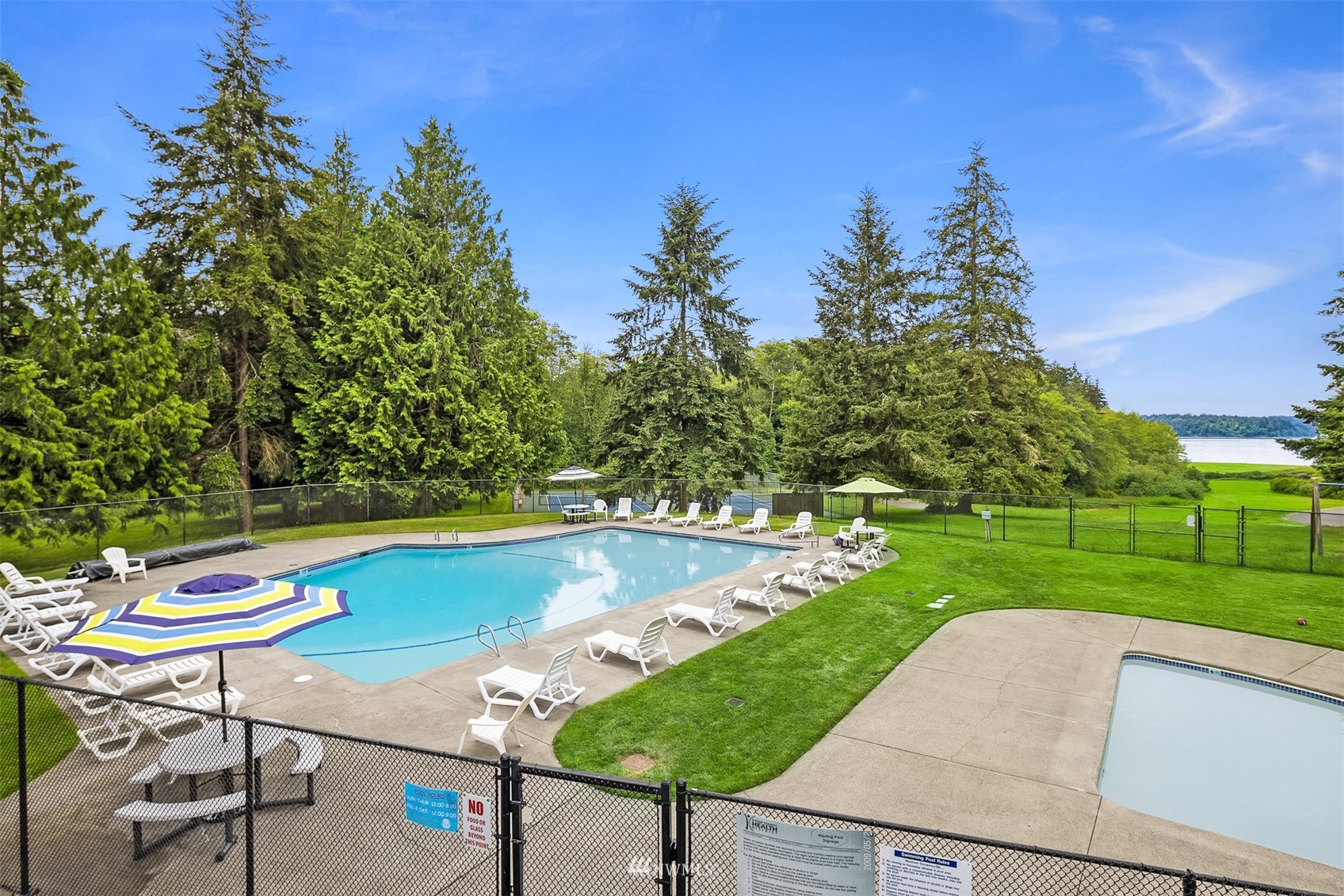 Outdoor swimming pool with lounge chairs, evergreen trees, and a distant water view.
