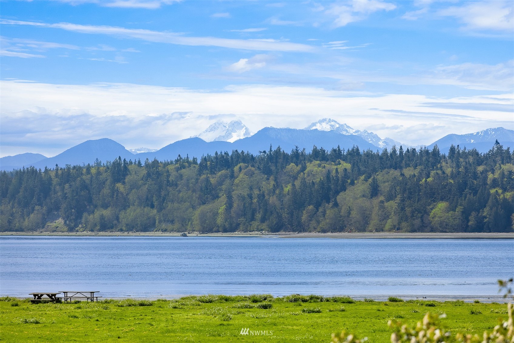 Hood Canal shoreline with picnic tables, forested hills, and snow-capped mountains beyond.