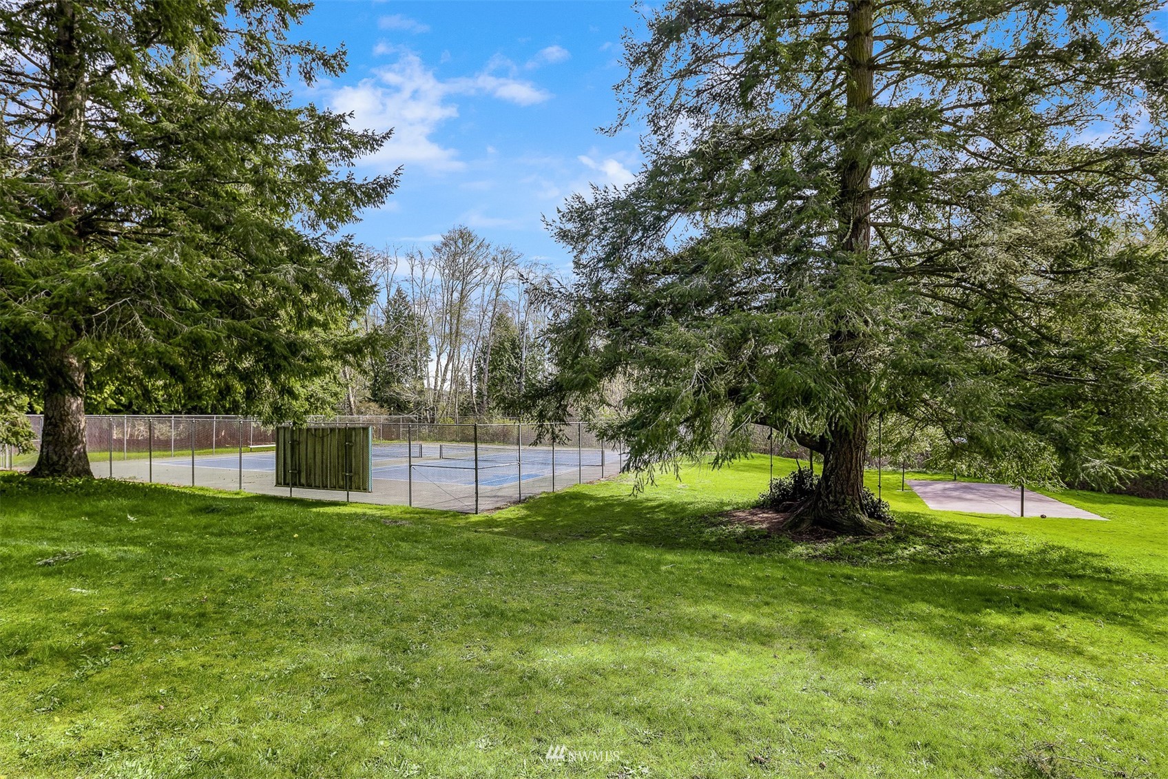 Fenced tennis court in a grassy yard shaded by mature evergreens, with a small paved recreation area nearby.