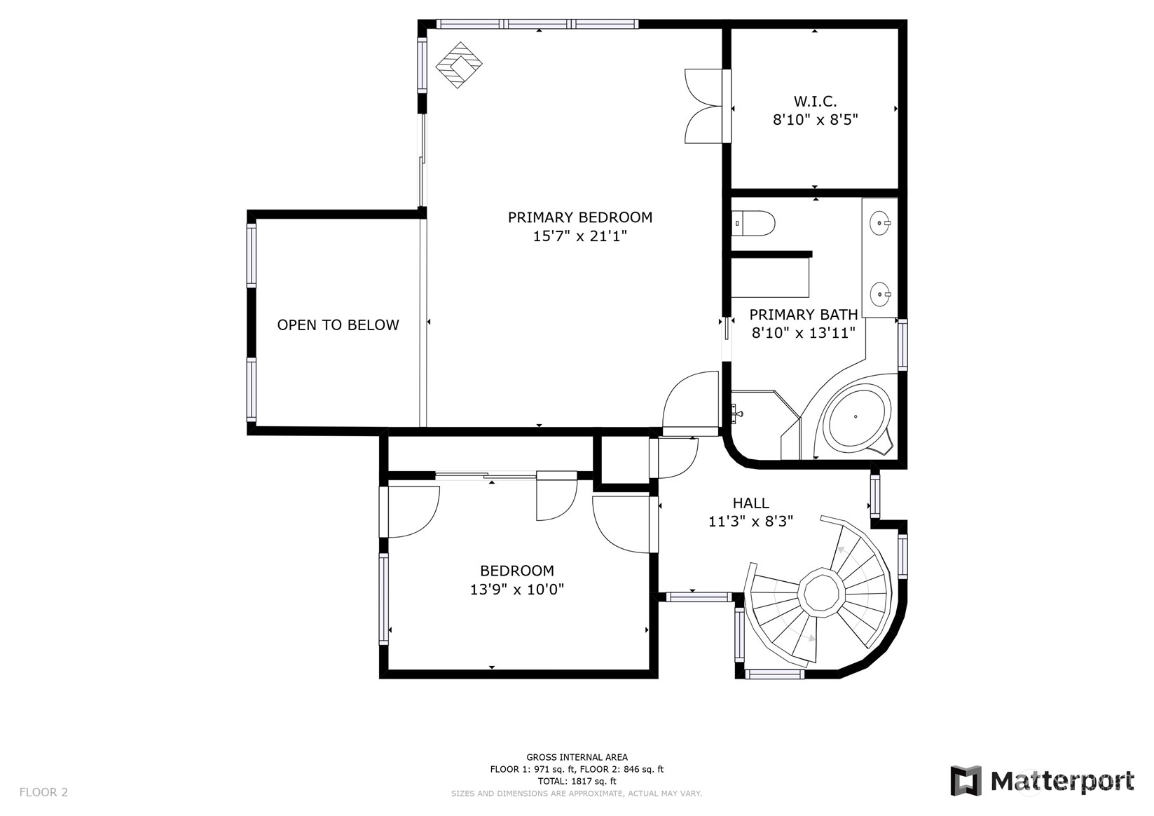 Floor 2 floor plan with two bedrooms, primary bath, walk-in closet, and spiral staircase.