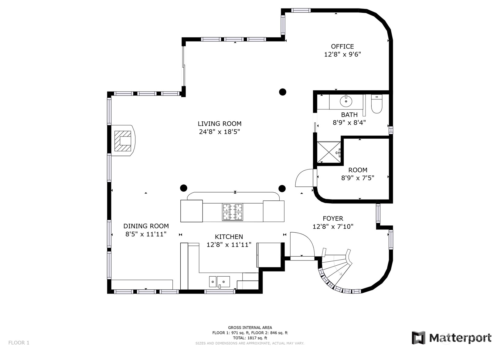First-floor plan showing the living, dining, and kitchen areas, office, bath, foyer, and room dimensions.