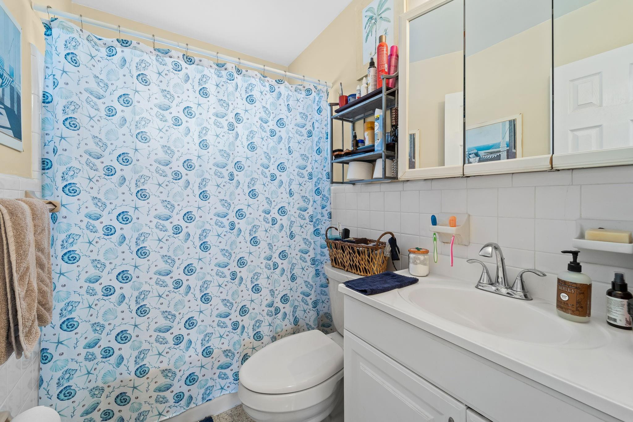 Bathroom with white double-sink vanity and a blue seashell-patterned shower curtain.