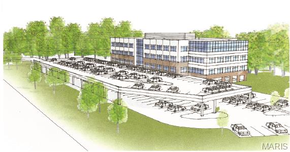 Architectural rendering of a multi-story office building with a large parking lot and surrounding trees.