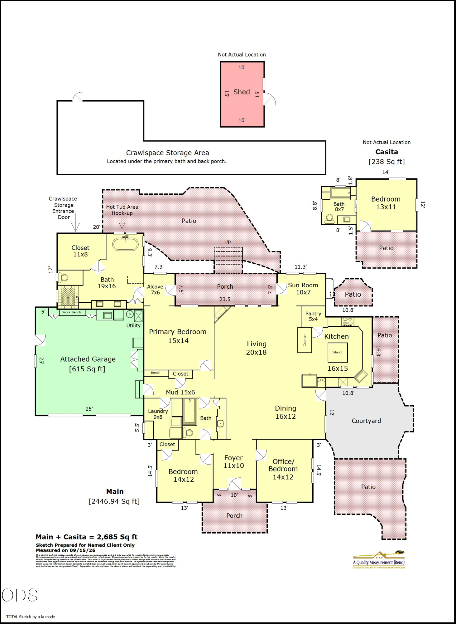 Floor plan showing the main house, attached garage, patios, courtyard, shed, and detached casita.