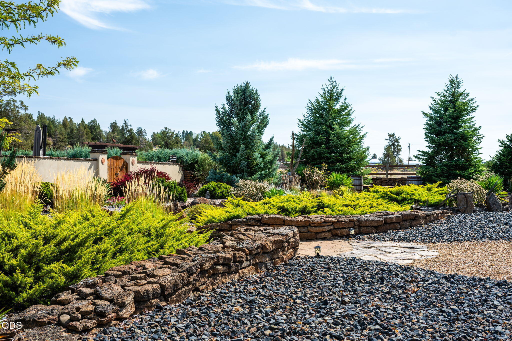 Landscaped garden with a curved stone retaining wall, evergreen trees, and a wooden gate.