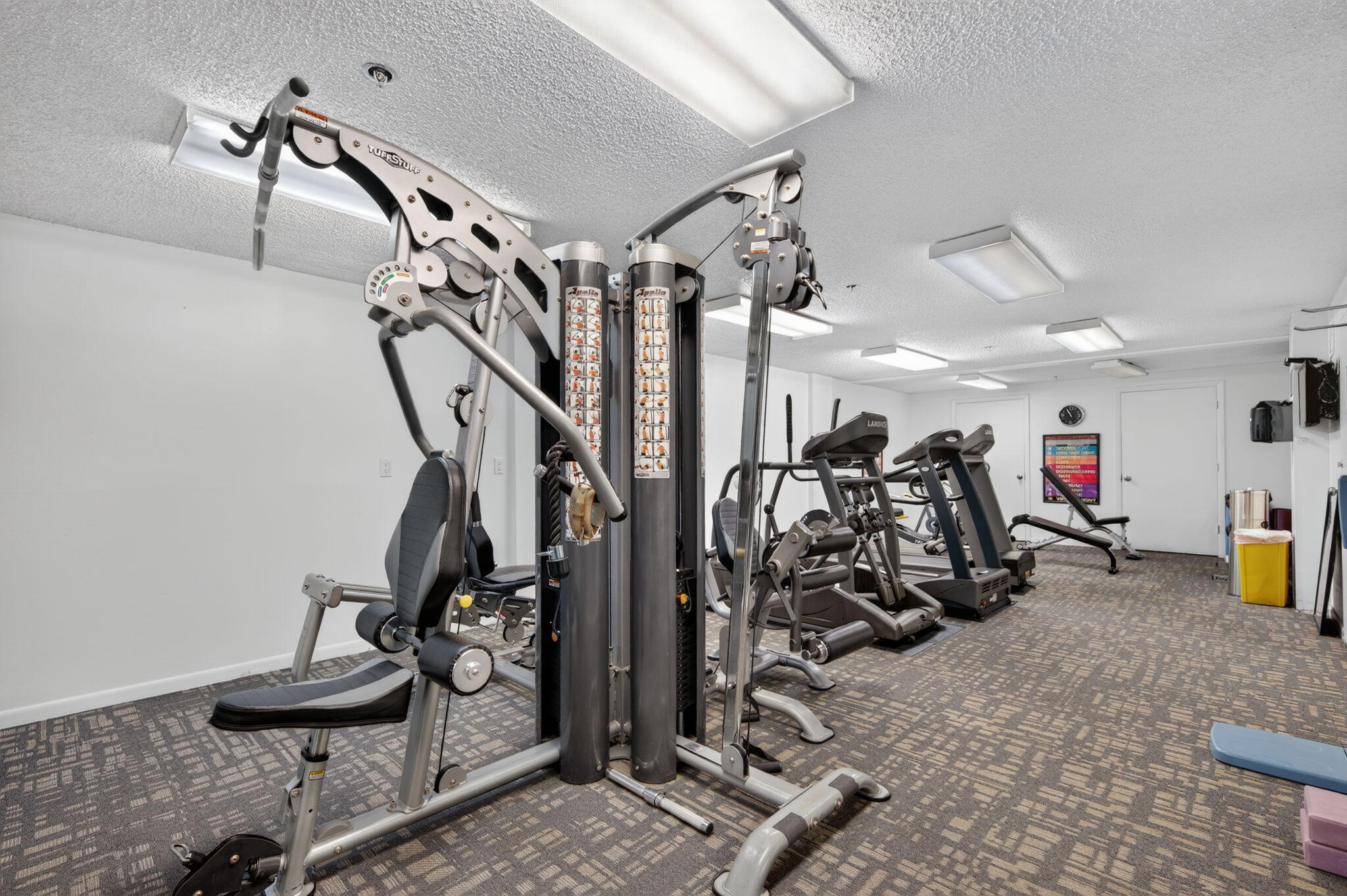 Fitness room with a large cable weight machine and several treadmills.