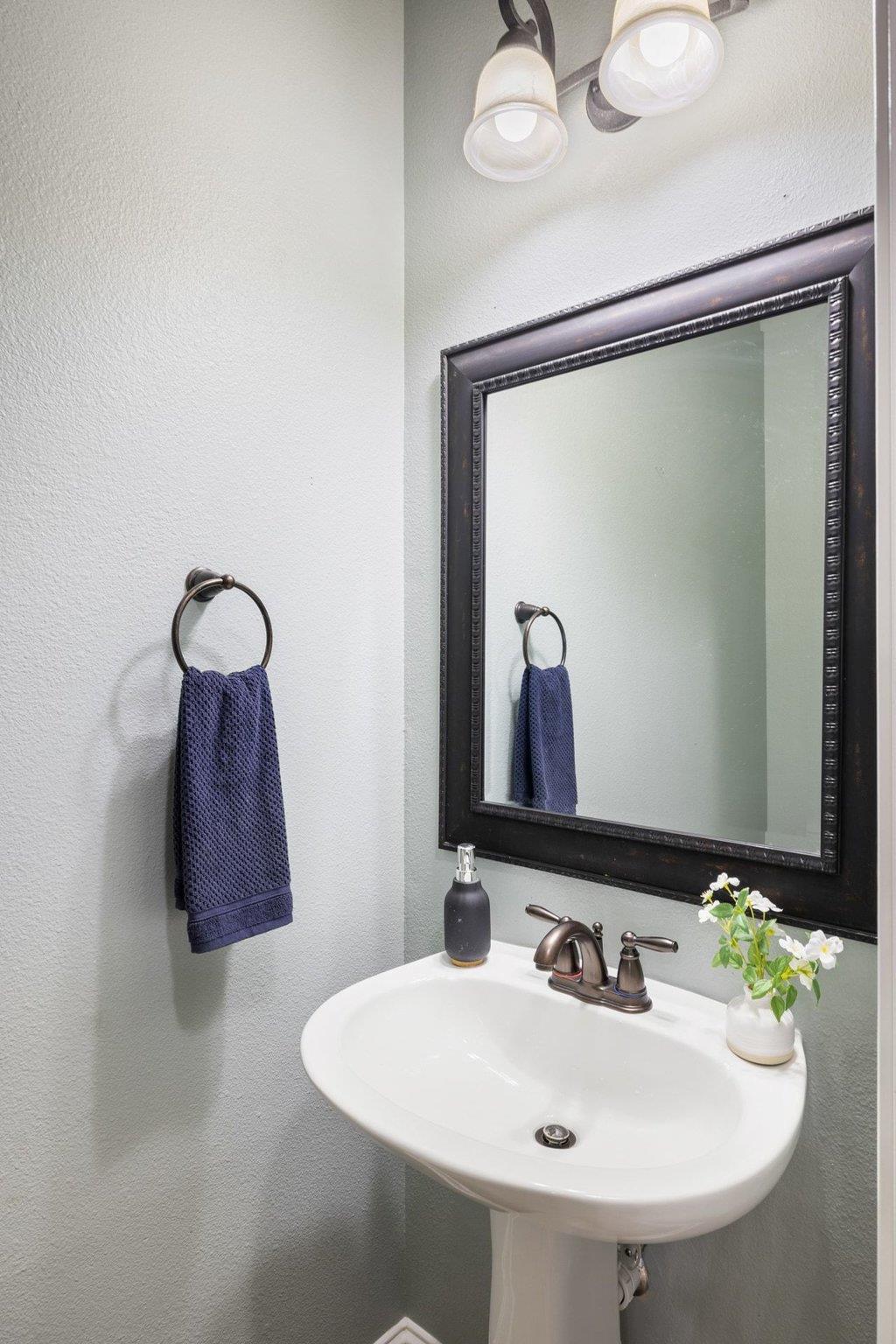 Bathroom pedestal sink with a dark-framed mirror and navy hand towel.