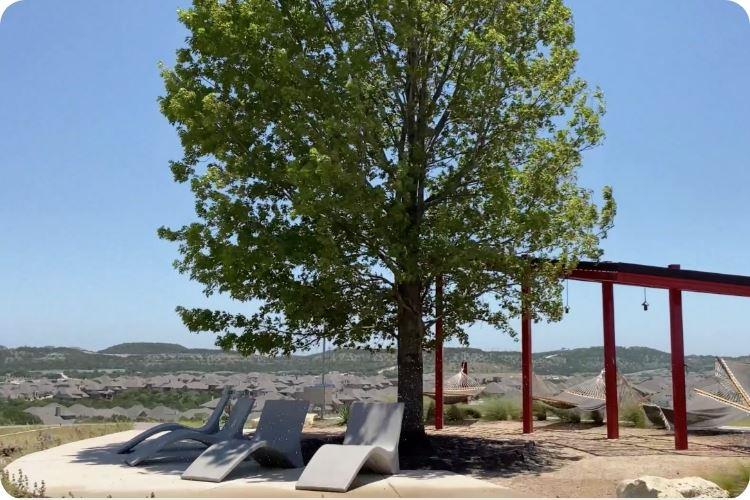 Patio with a shade tree, lounge chairs, hammocks, and distant hill views.