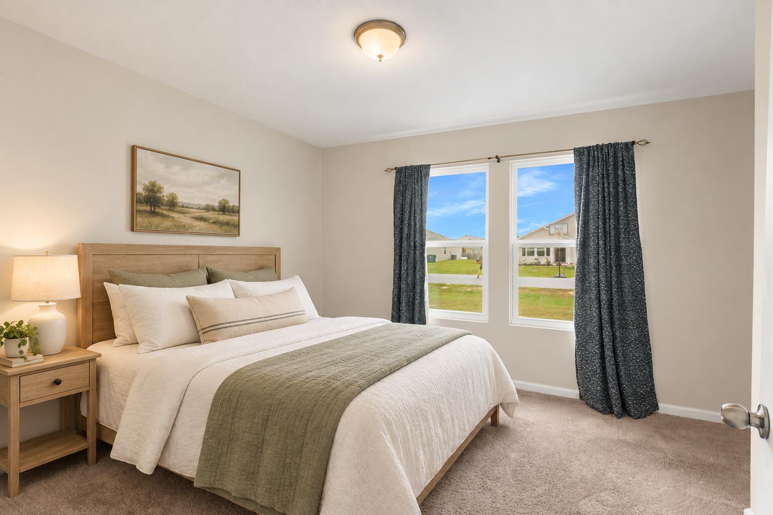 Furnished bedroom with a large bed, sage-green throw, and windows overlooking the neighborhood.