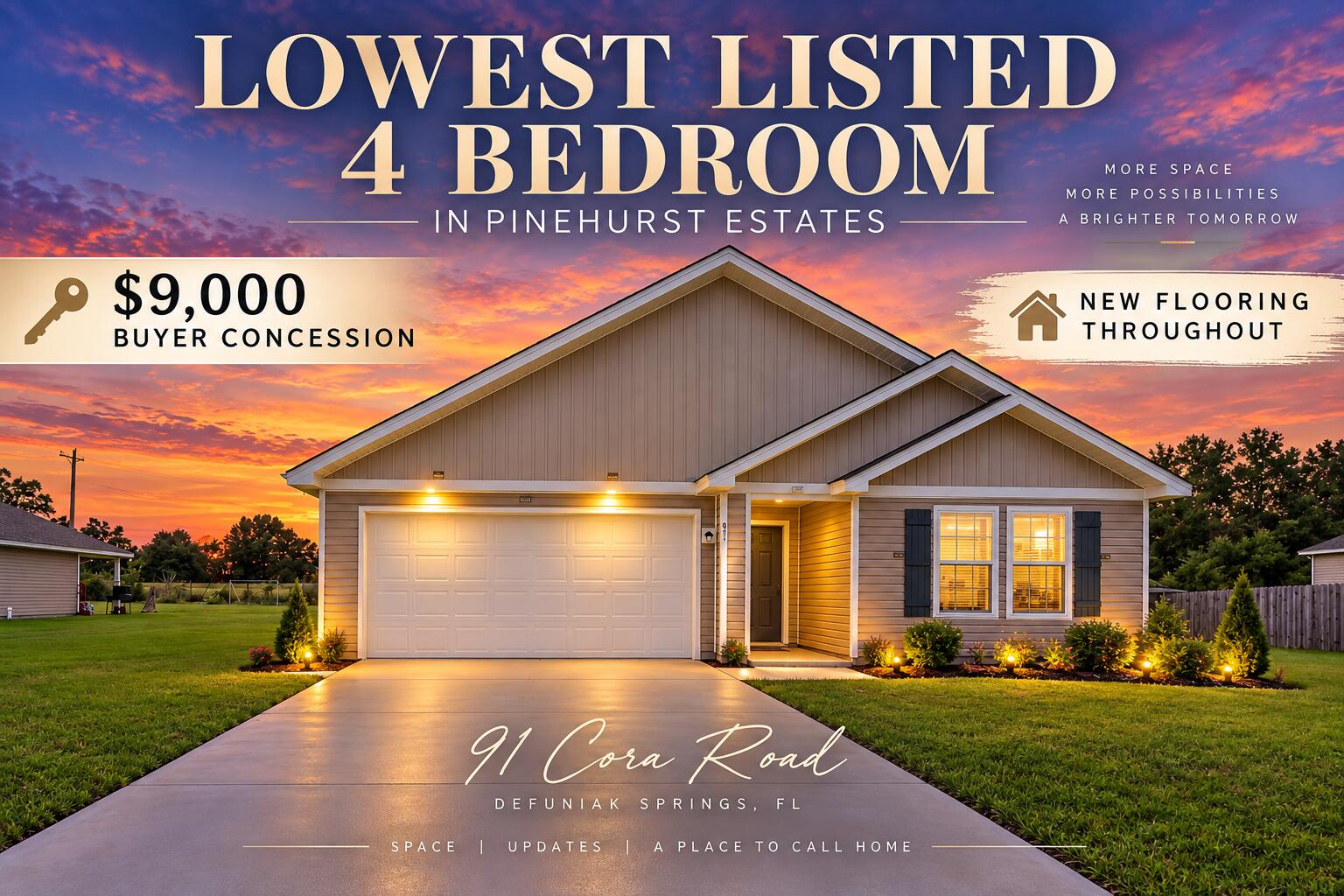 Four-bedroom home at 91 Cora Road, with a $9,000 buyer concession and new flooring throughout.