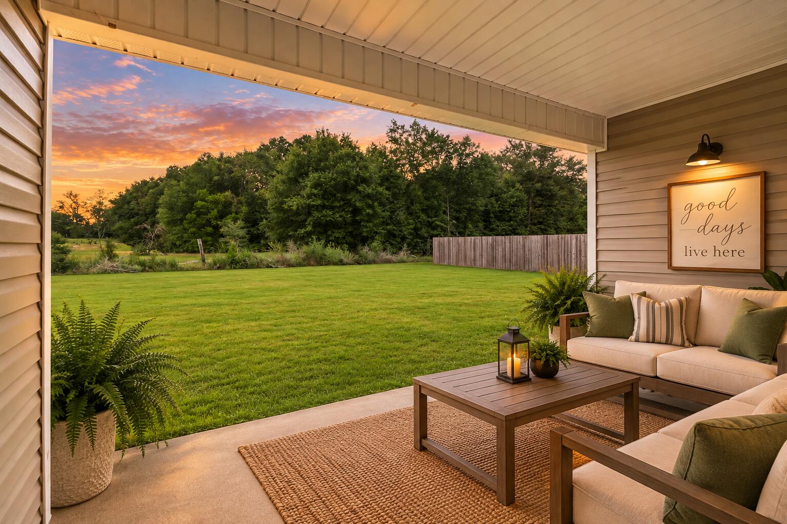Covered patio with cushioned seating overlooking a green lawn at sunset.