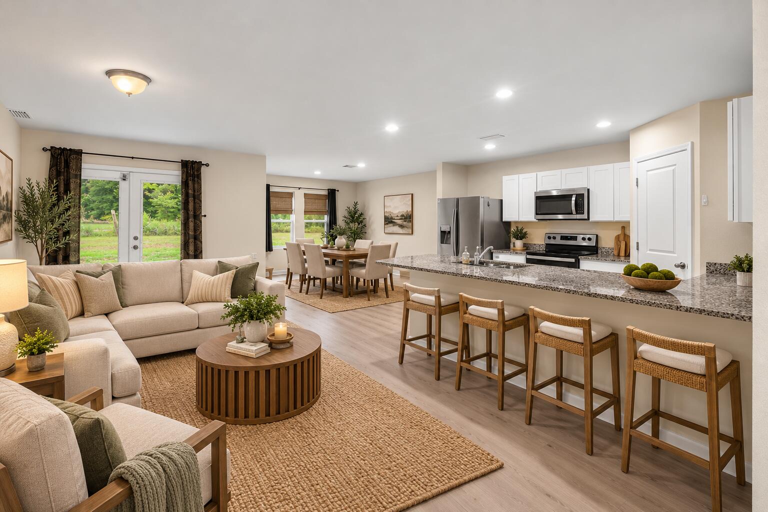 Open-plan living room and kitchen with a beige sectional, granite island, and sliding doors to the yard.