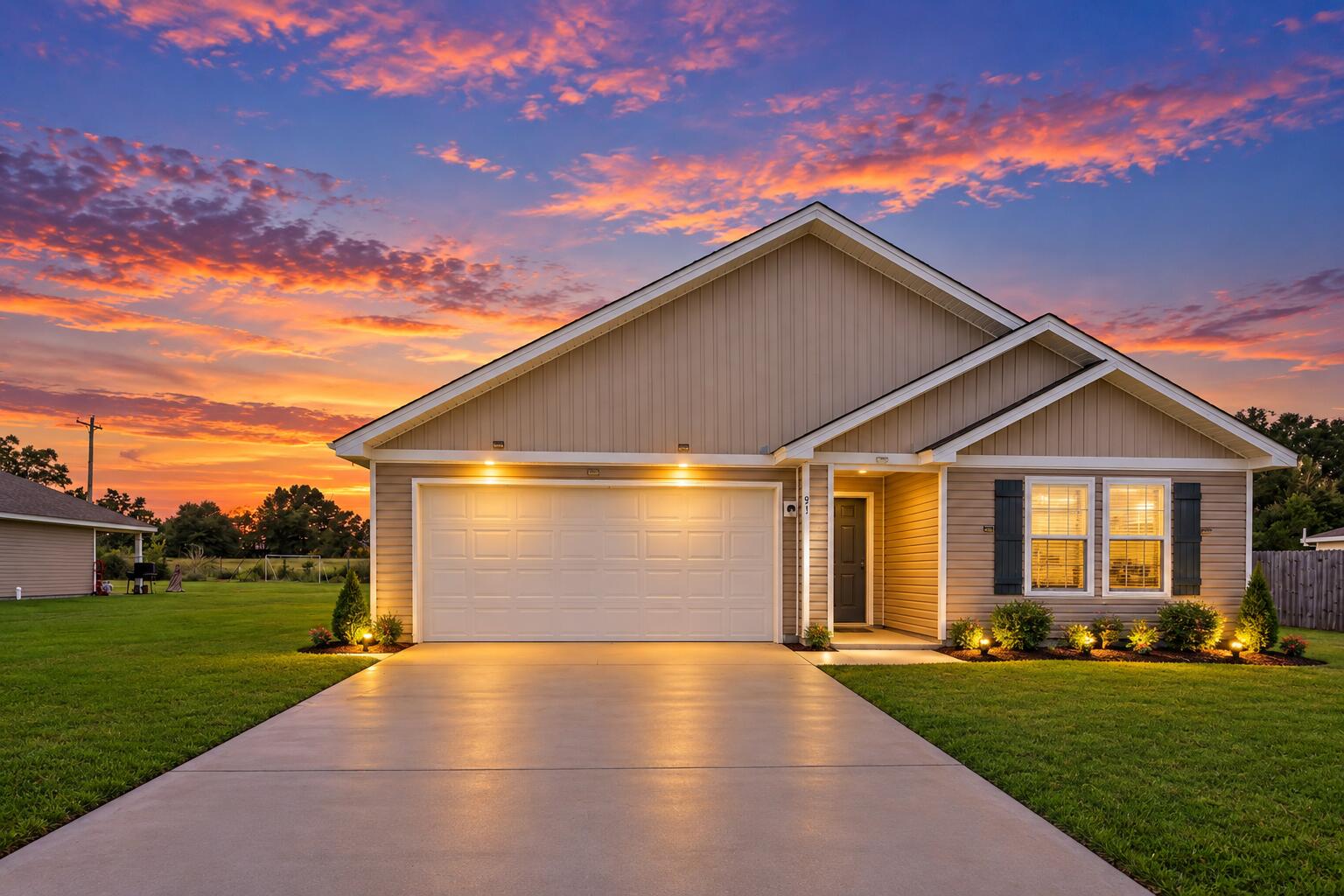 Single-story beige home with a two-car garage and broad driveway beneath a vivid sunset.