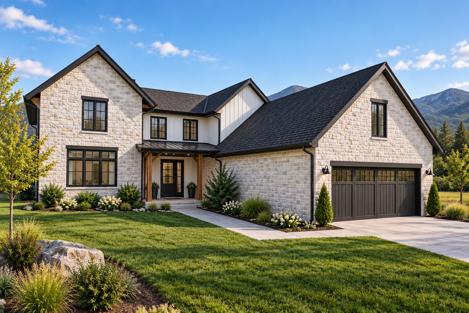 Stone house with a dark double garage, landscaped lawn, and forested mountains behind it.
