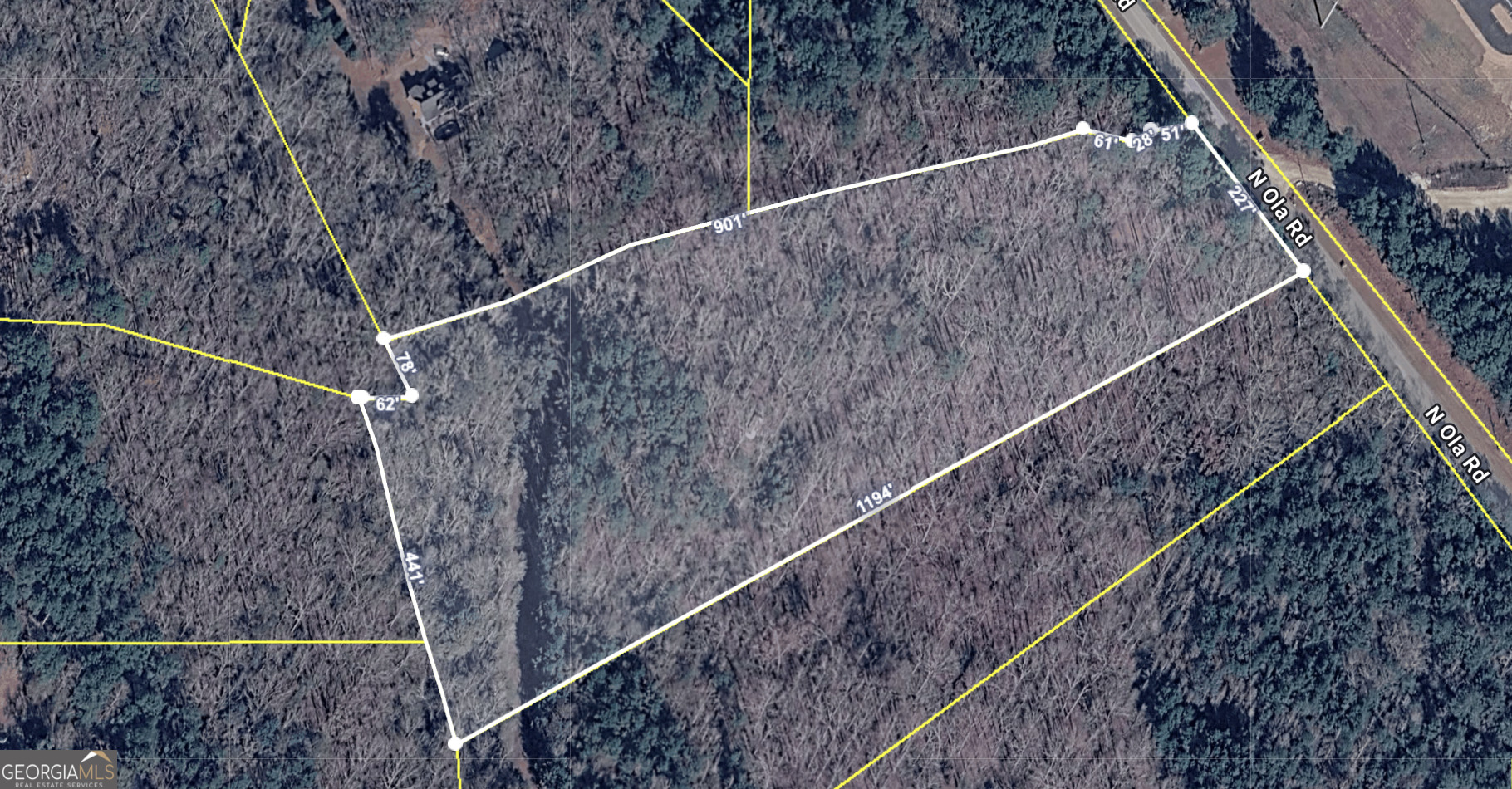 Parcel map outlining wooded acreage along N Ola Road with boundary lines and measurements.