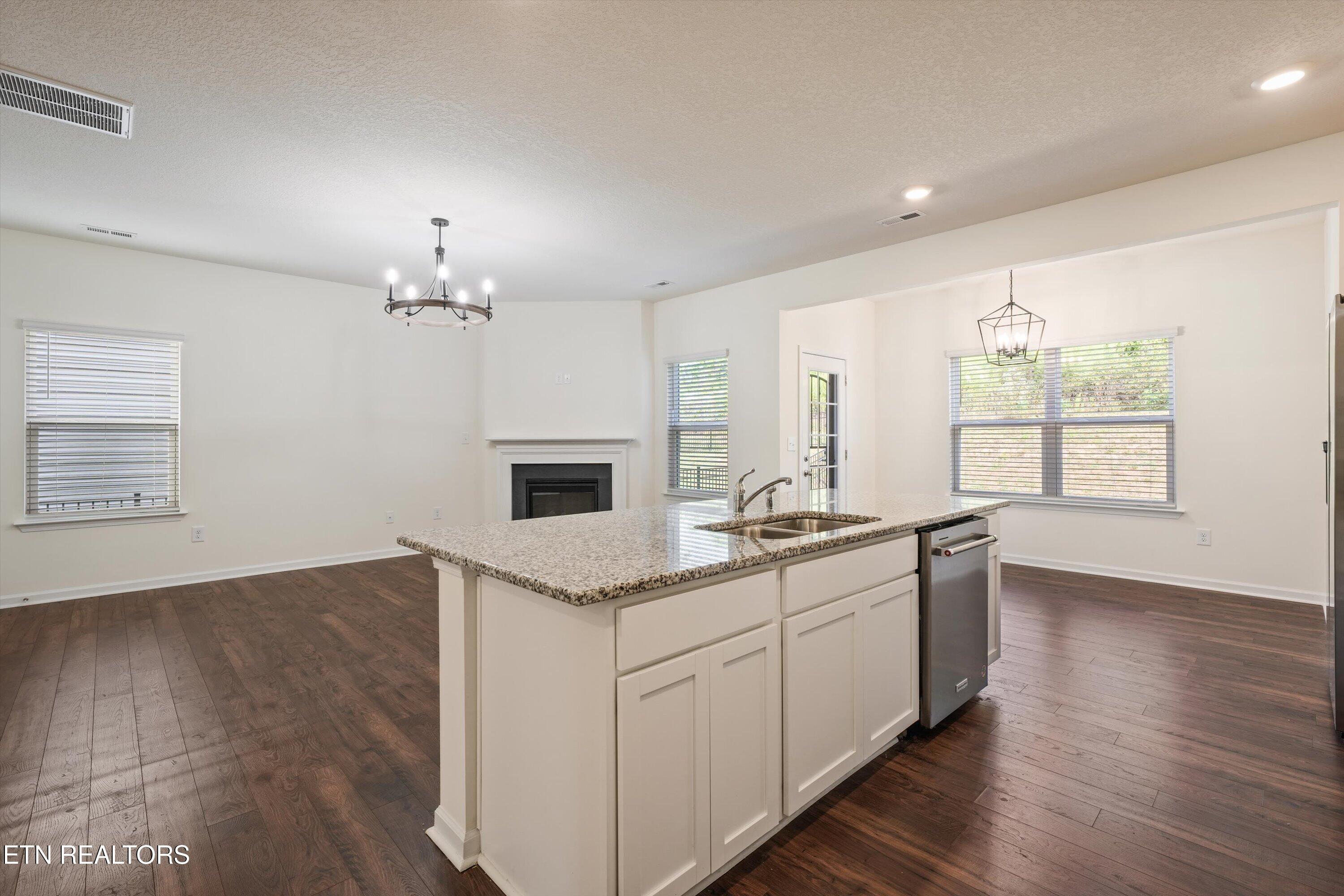 Open kitchen with a large granite island, stainless dishwasher, dark hardwood floors, and a fireplace.