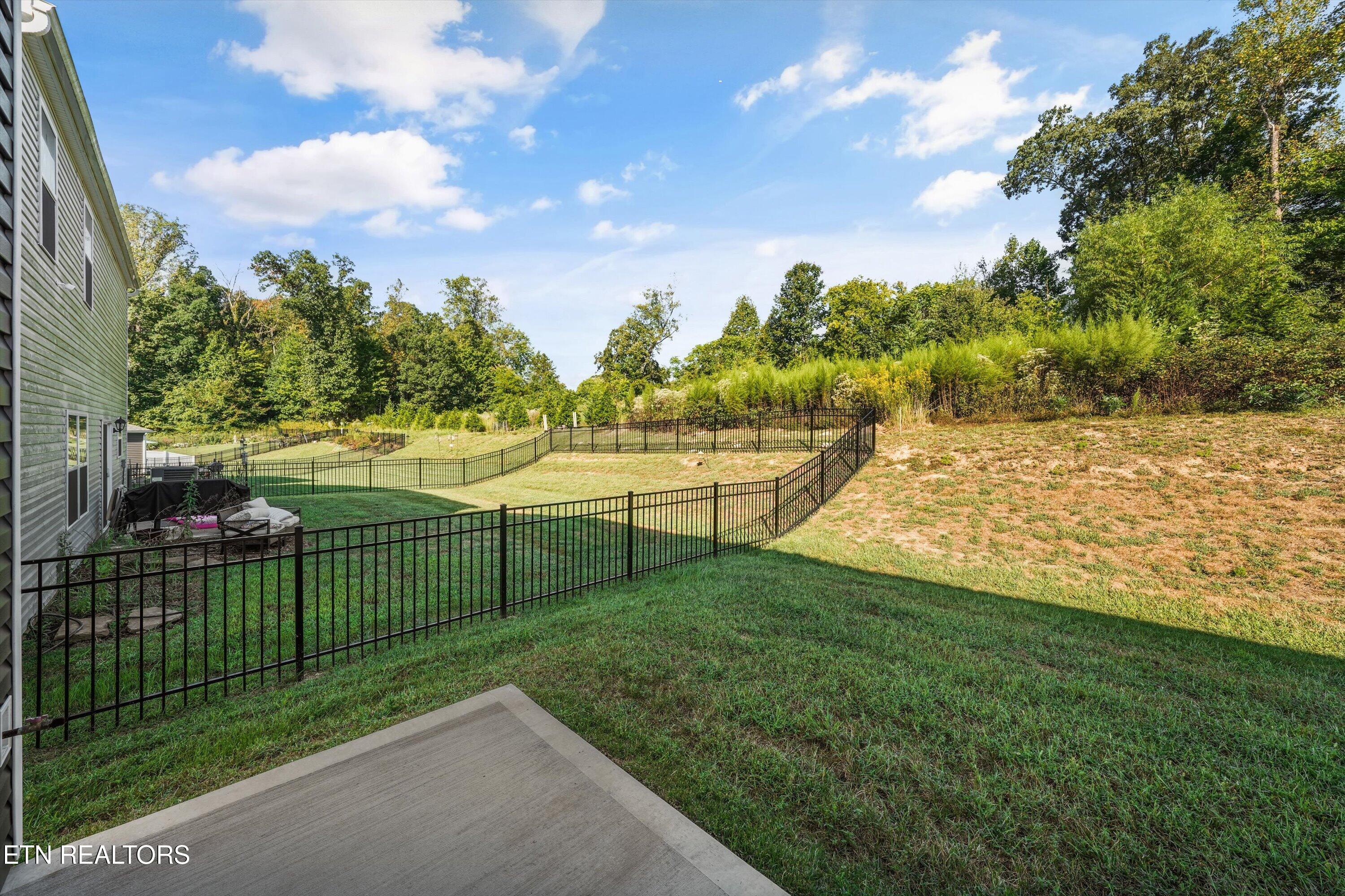 Fenced backyard with a sloped lawn, concrete patio, and wooded boundary.