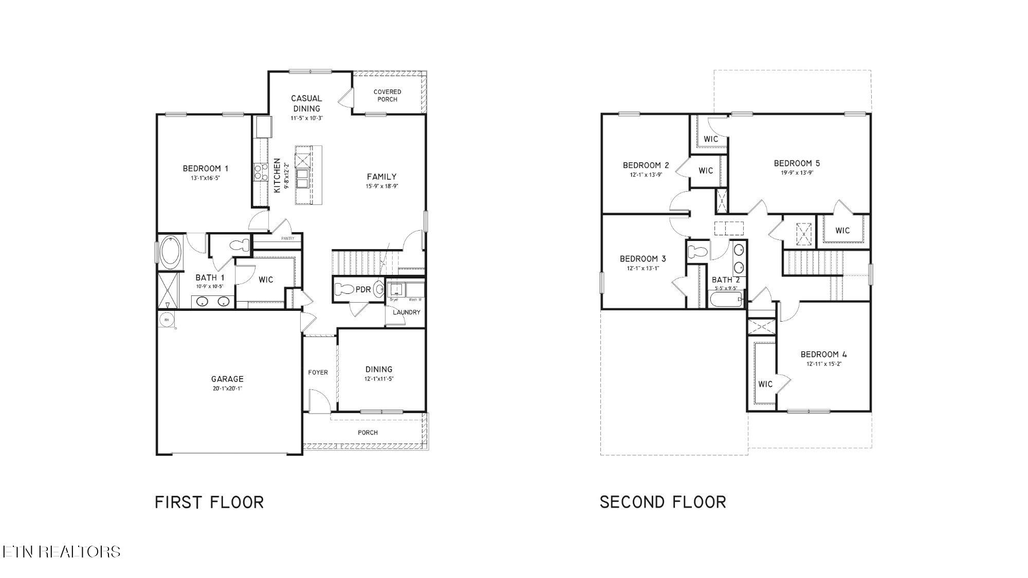 Two-story home floor plan with a large garage, first-floor bedroom, and four upstairs bedrooms.