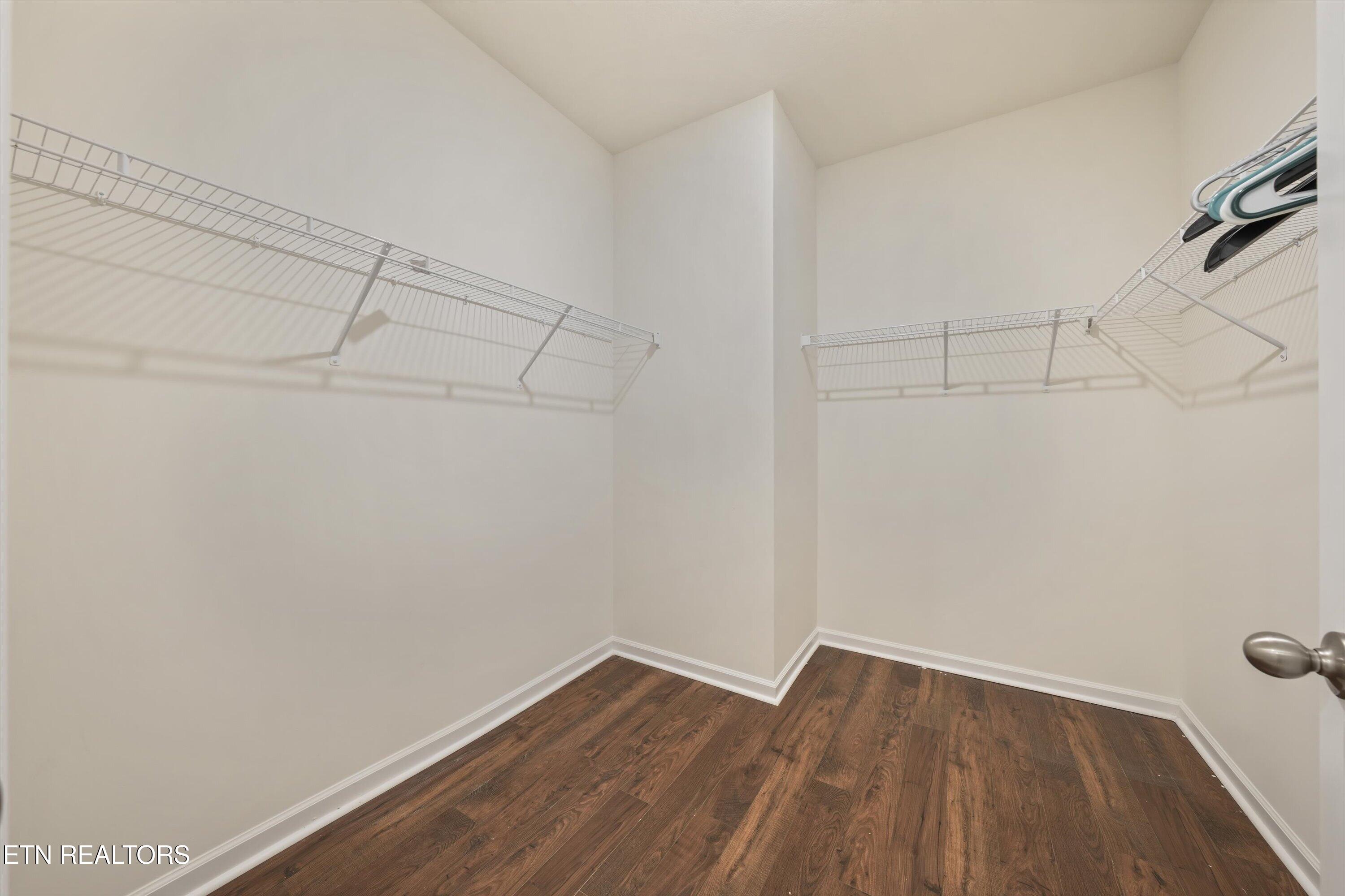Walk-in closet with wire shelving, a few hangers, and dark wood-look flooring.