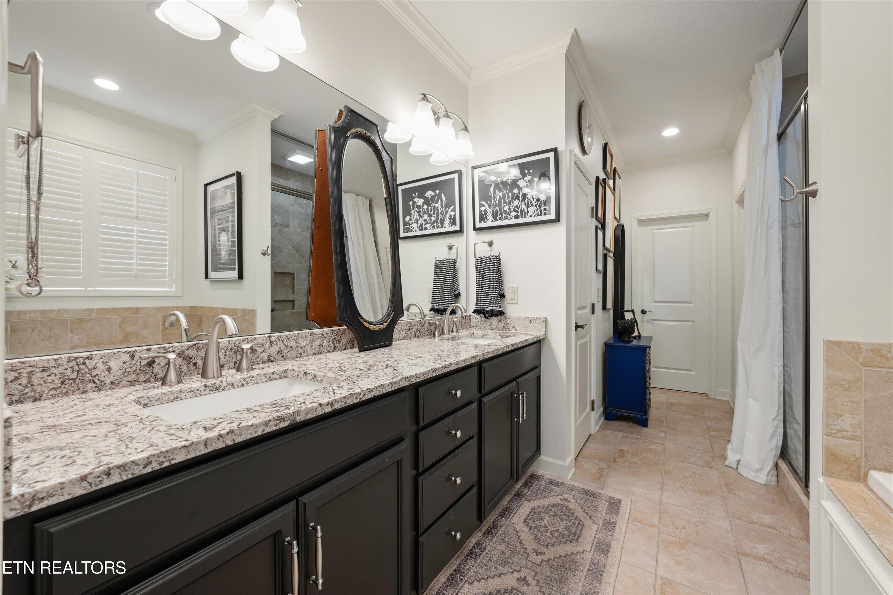 Bathroom with a dark double vanity, granite counters, two sinks, and a tiled shower.
