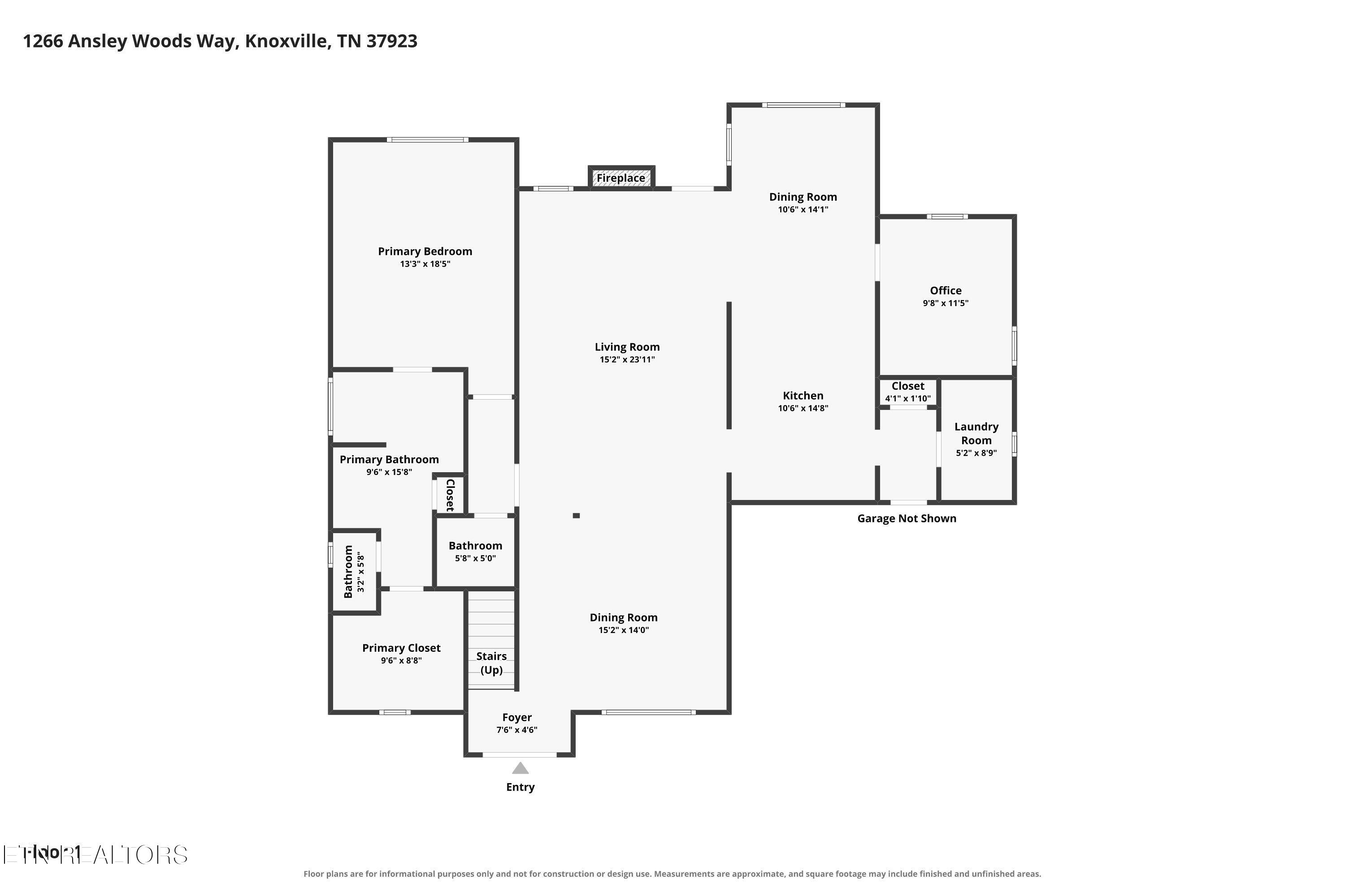Floor plan for 1266 Ansley Woods Way, with labeled rooms, dimensions, and a garage noted as not shown.