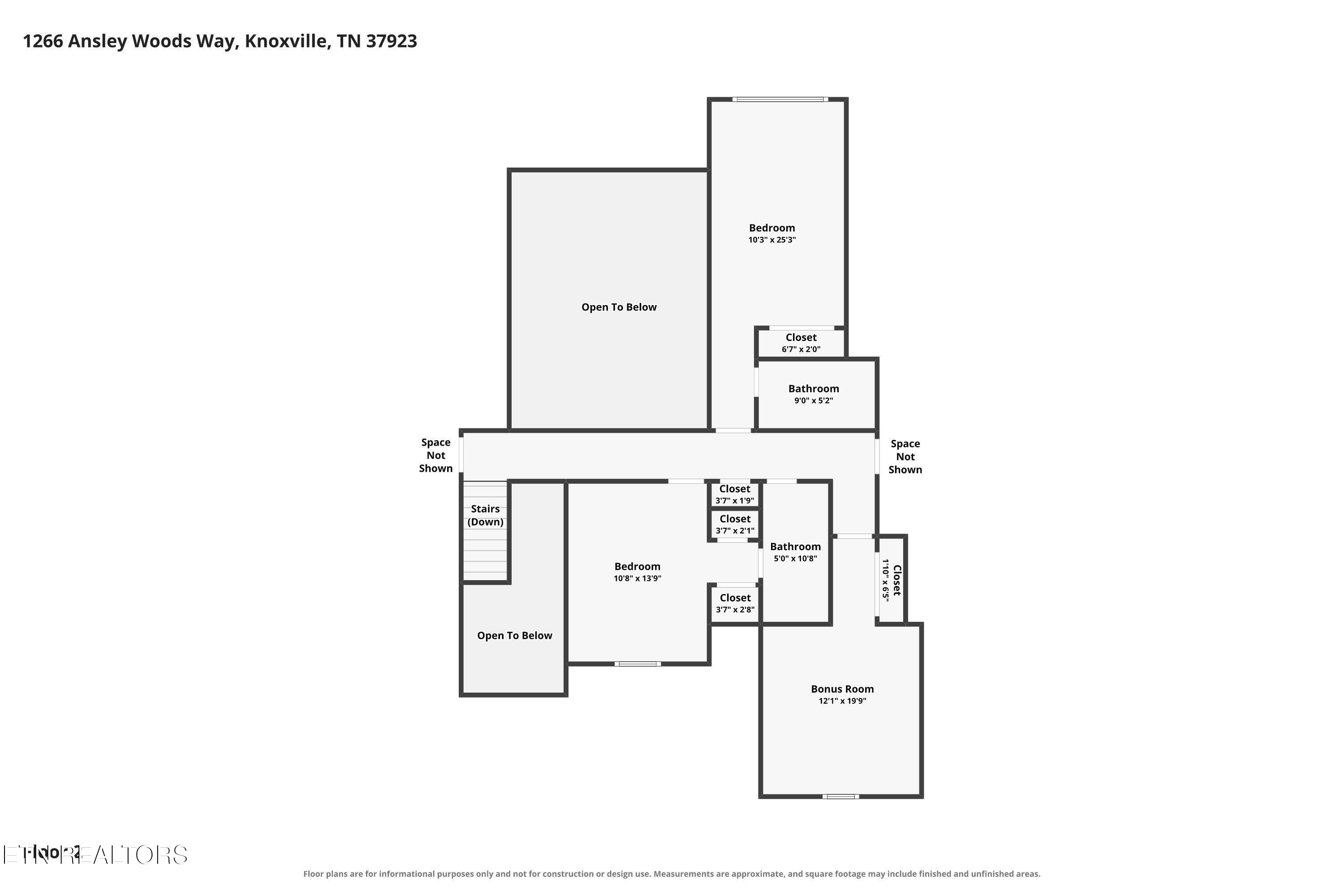 Upper-level floor plan with two bedrooms, two bathrooms, closets, stairs, and a bonus room.