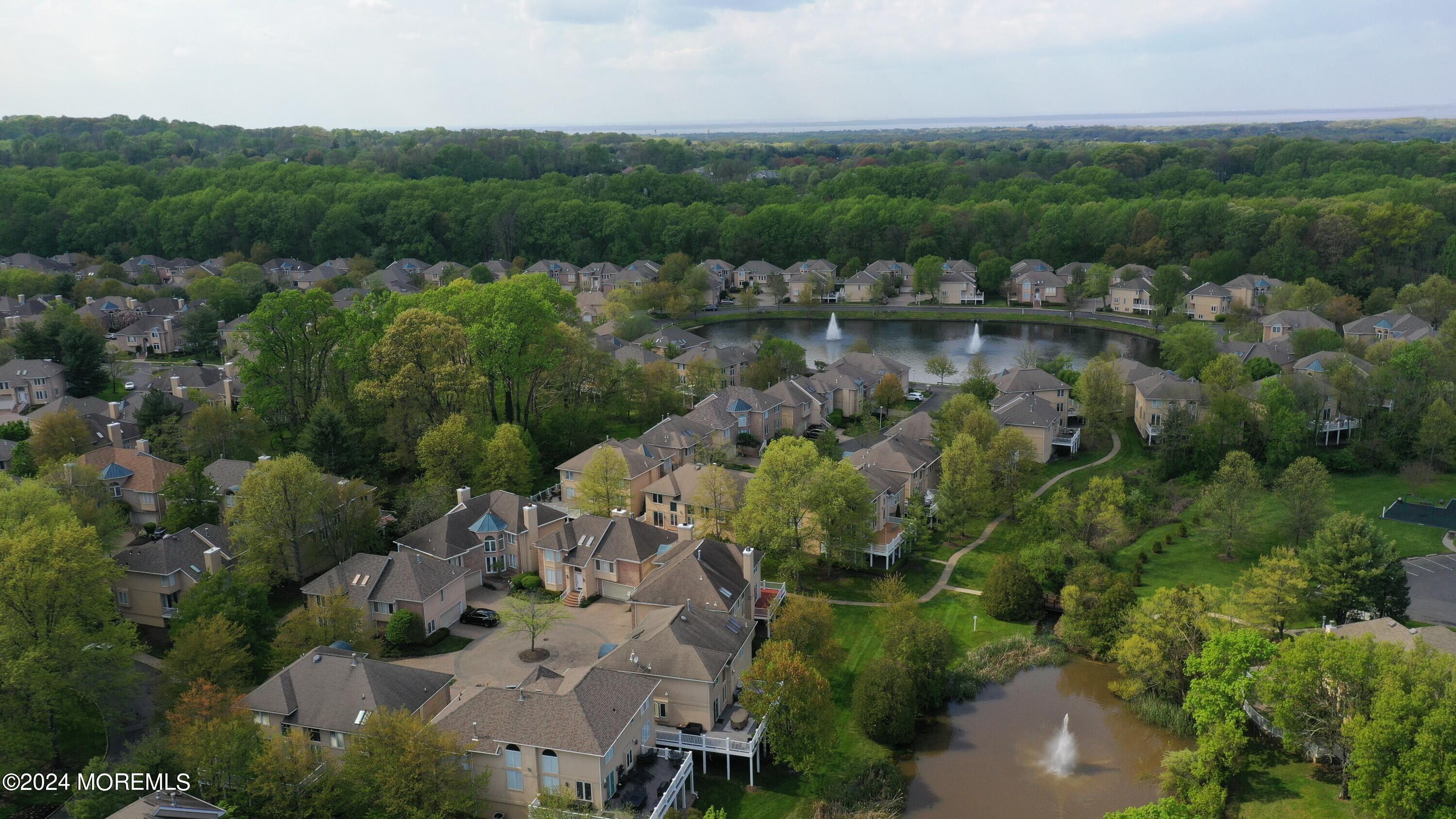Aerial view of a wooded neighborhood with homes, paths, and fountain ponds.