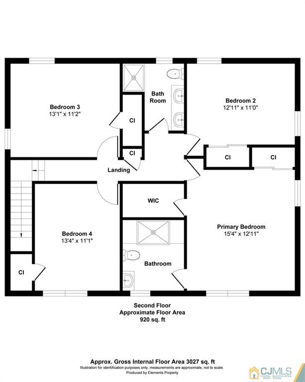 Second-floor floor plan with four bedrooms, two bathrooms, closets, and a central landing.