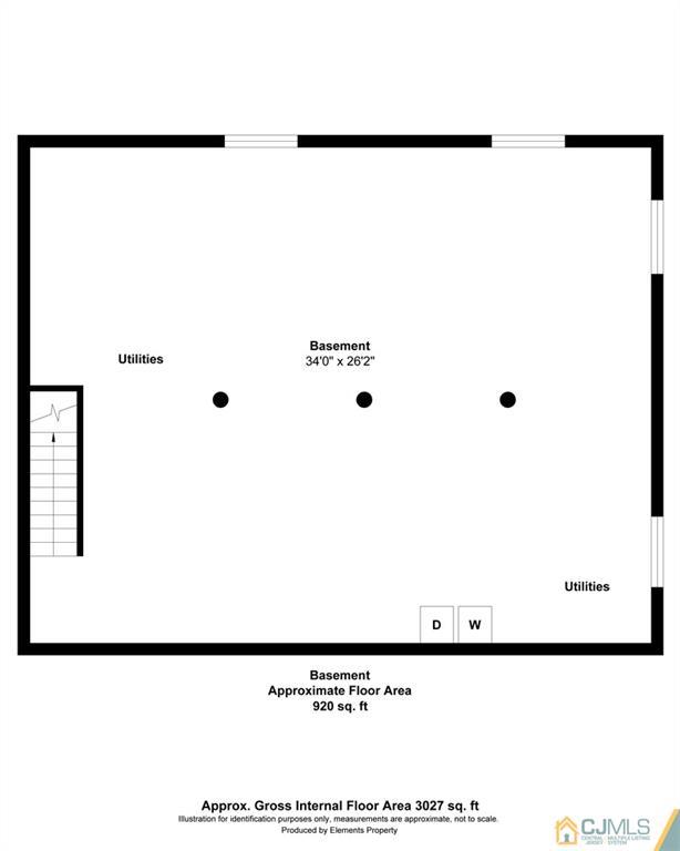 Basement floor plan with stairs, utility areas, and a labeled area of approximately 920 square feet.