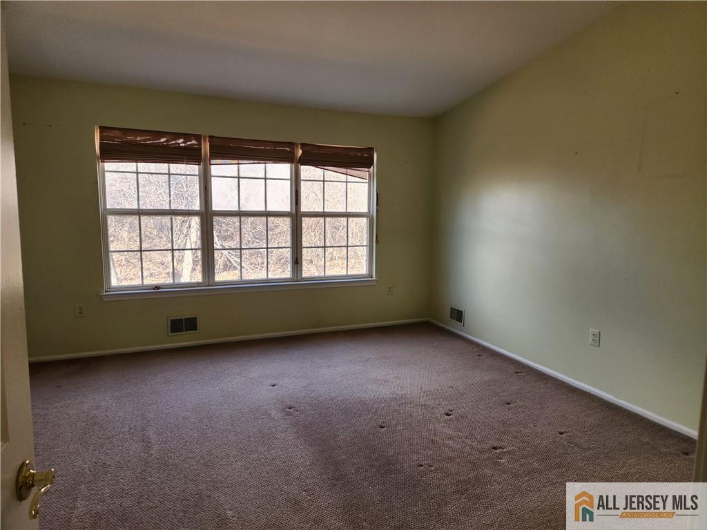Empty room with worn brown carpet and a wide window overlooking bare trees.