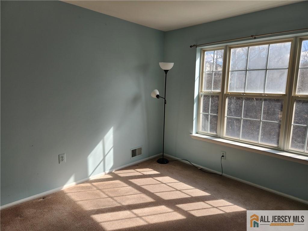 Empty carpeted room with pale blue walls, a large multi-pane window, and sunlight casting shadows on the floor.