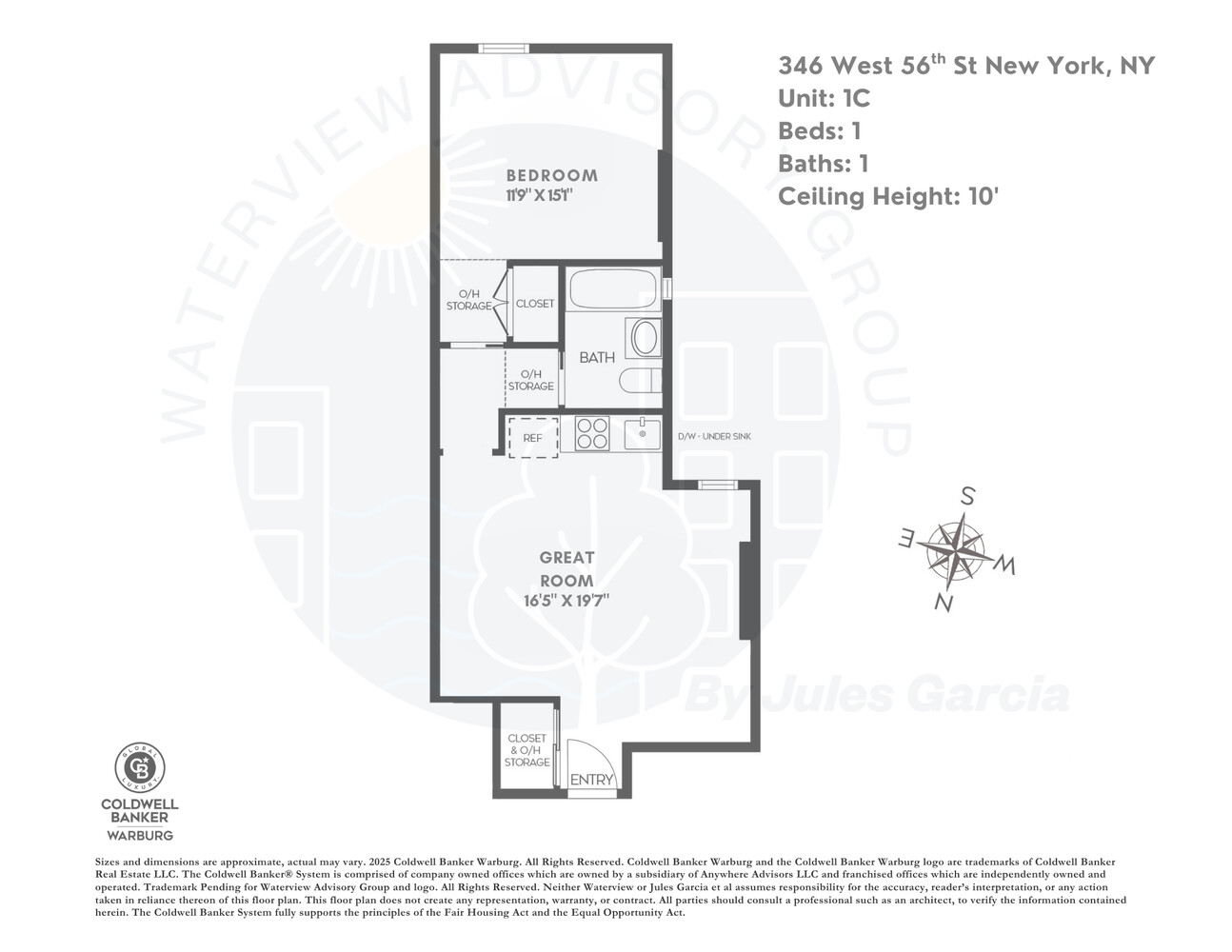 Floor plan for unit 1C at 346 West 56th Street, with one bedroom, one bath, and a great room.