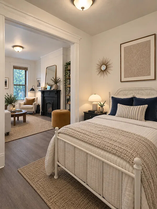 Staged bedroom with a white bed and neutral bedding, opening onto a sitting room with a black fireplace.