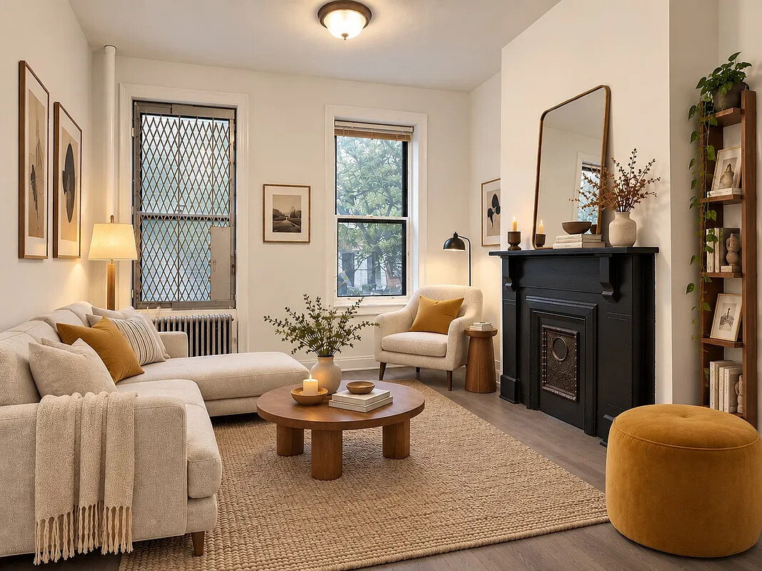 Staged living room with cream seating, a black fireplace, tall windows, and a woven rug.