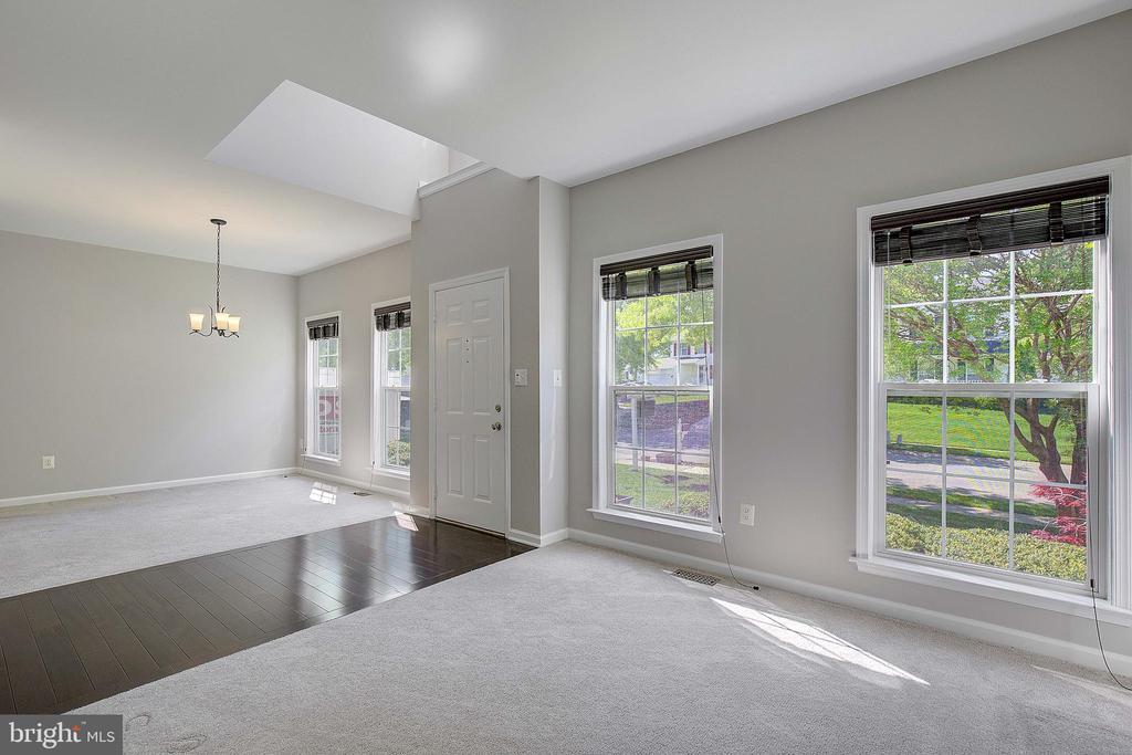 Vacant living and dining area with large windows, light carpet, and a dark hardwood floor section.