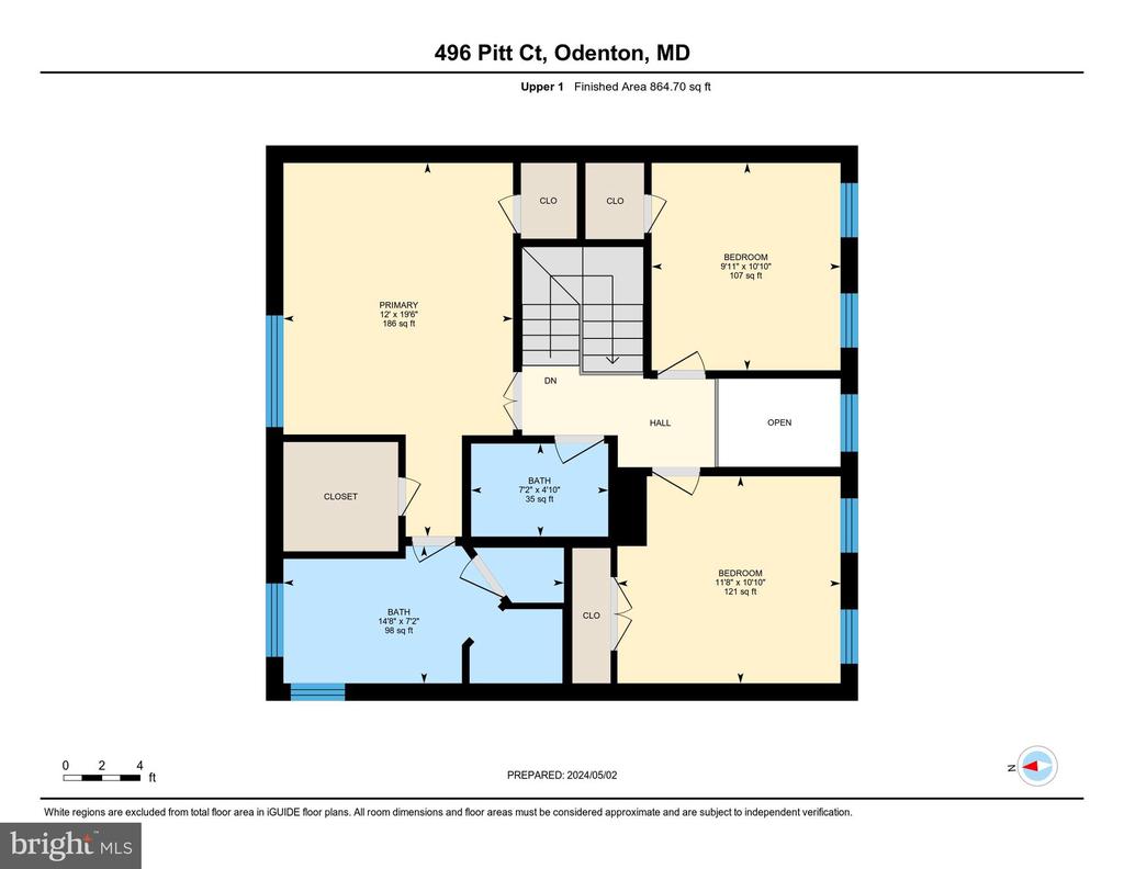 Upper-level floor plan for 496 Pitt Ct with three bedrooms, two bathrooms, and 864.70 square feet.