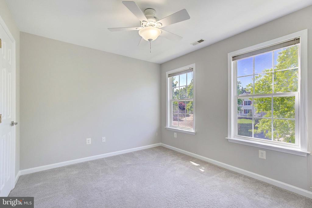 Empty bedroom with pale carpet, two bright windows, and a ceiling fan with light.