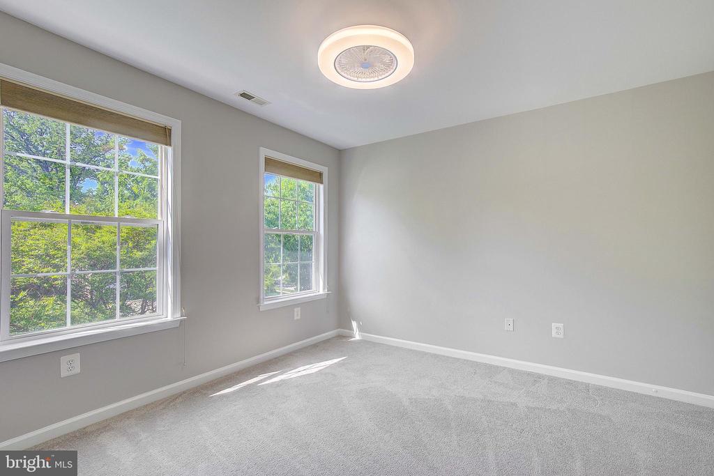 Empty bedroom with two windows, pale carpet, and sunlight across the floor.