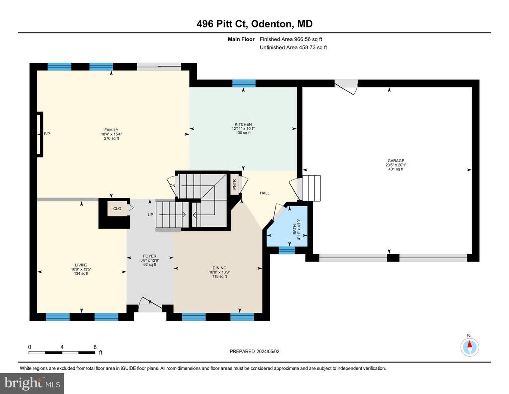 Main-floor floor plan showing labeled rooms, dimensions, and an attached garage.